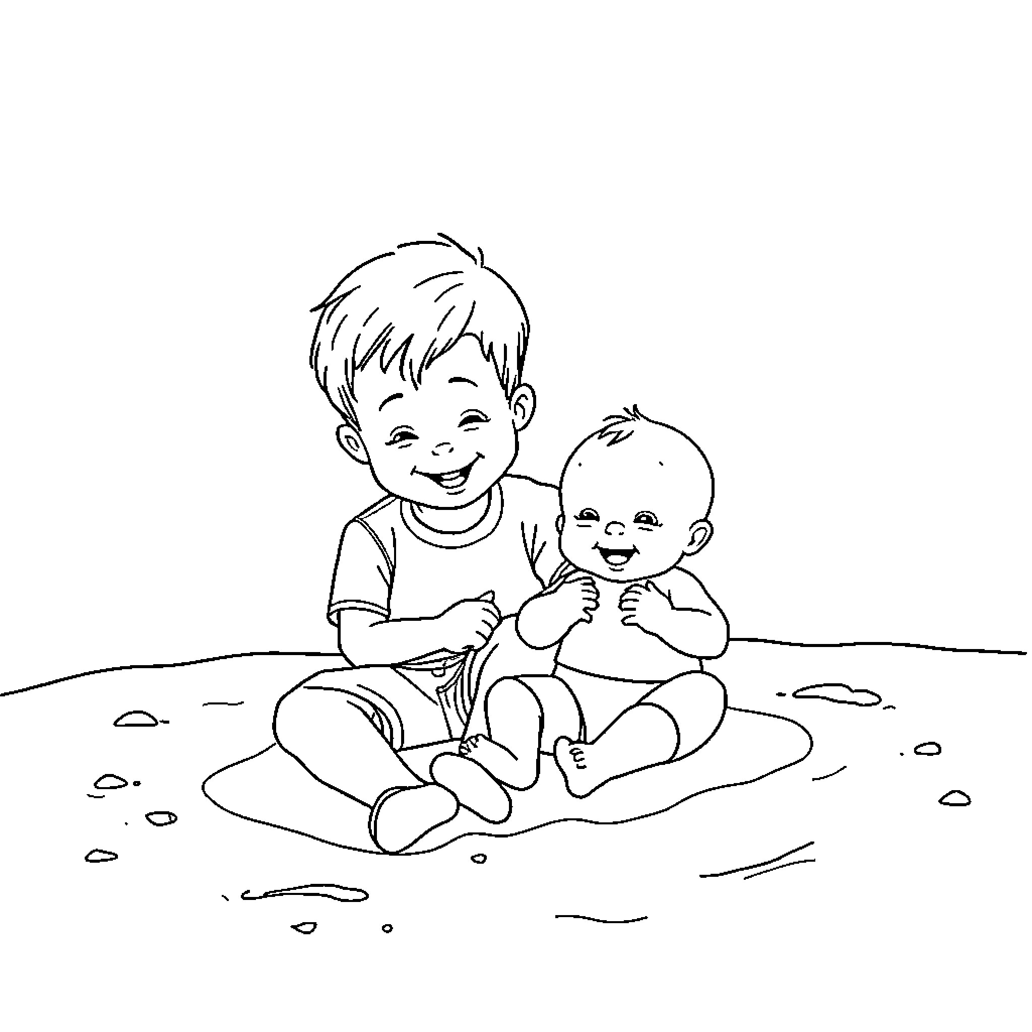 Boy playing joyfully with baby in the grass Coloring Page (free black-and-white line drawing printable PDF for all, from beginners to advanced learners, including children, teens, adults, and seniors)