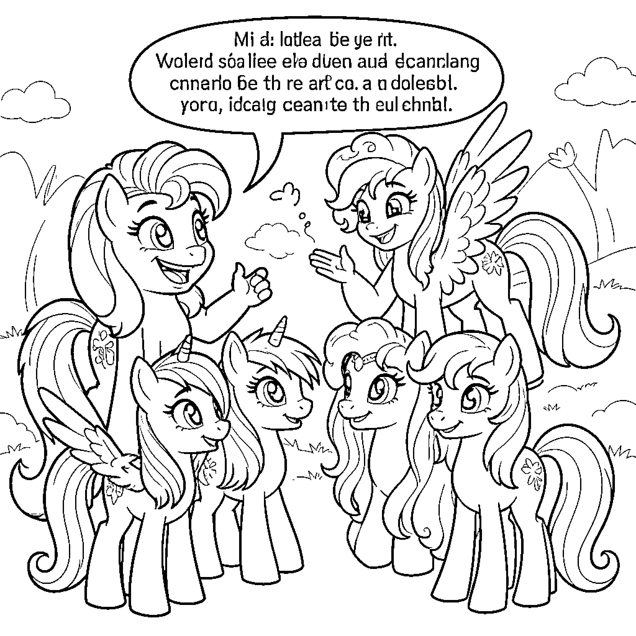 My Little Pony Friends Conversing in a Scenic Landscape Coloring Page (free black-and-white line drawing printable PDF for all, from beginners to advanced learners, including children, teens, adults, and seniors)