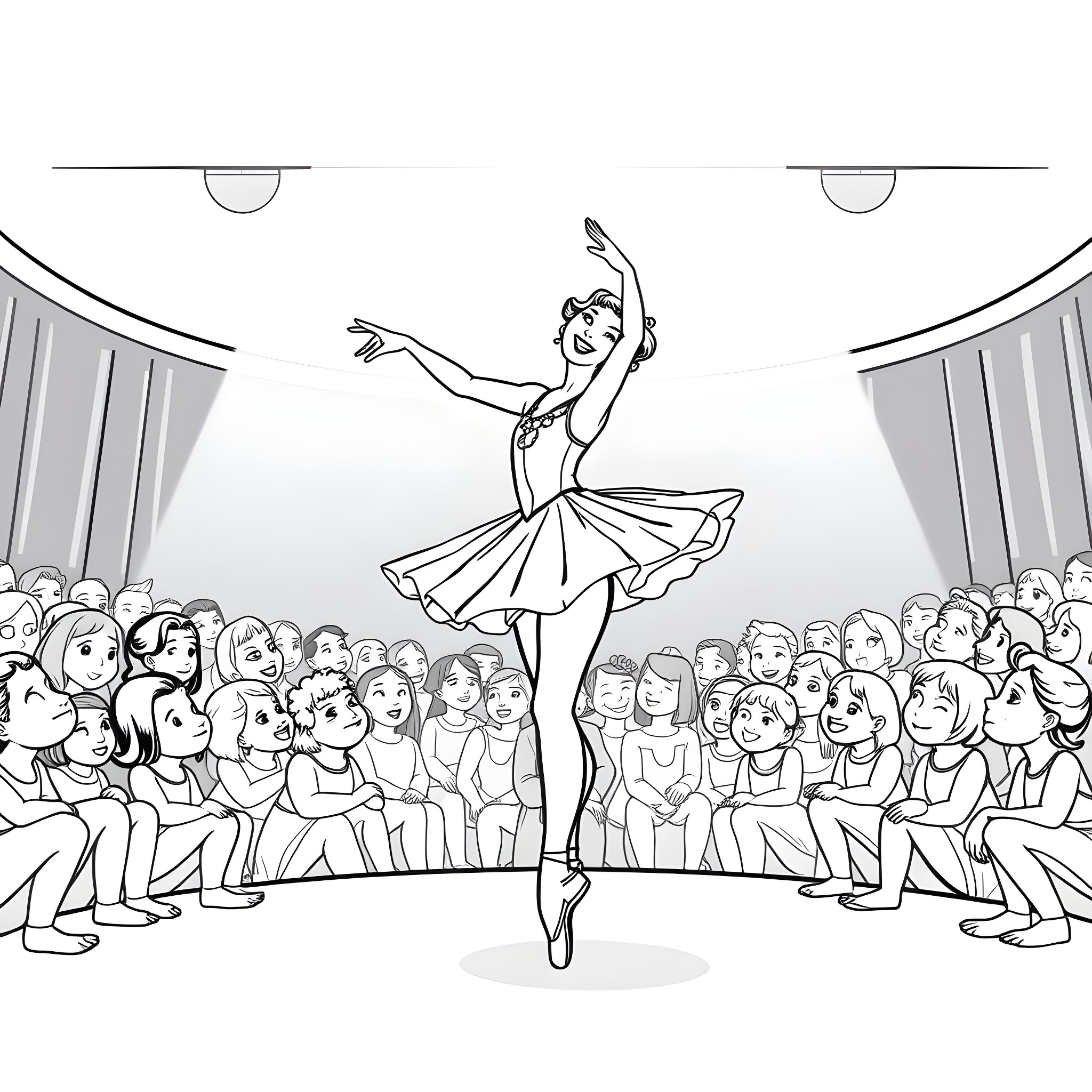 Ballerina performing gracefully on stage before audience Coloring Page (free black-and-white line drawing printable PDF for all, from beginners to advanced learners, including children, teens, adults, and seniors)