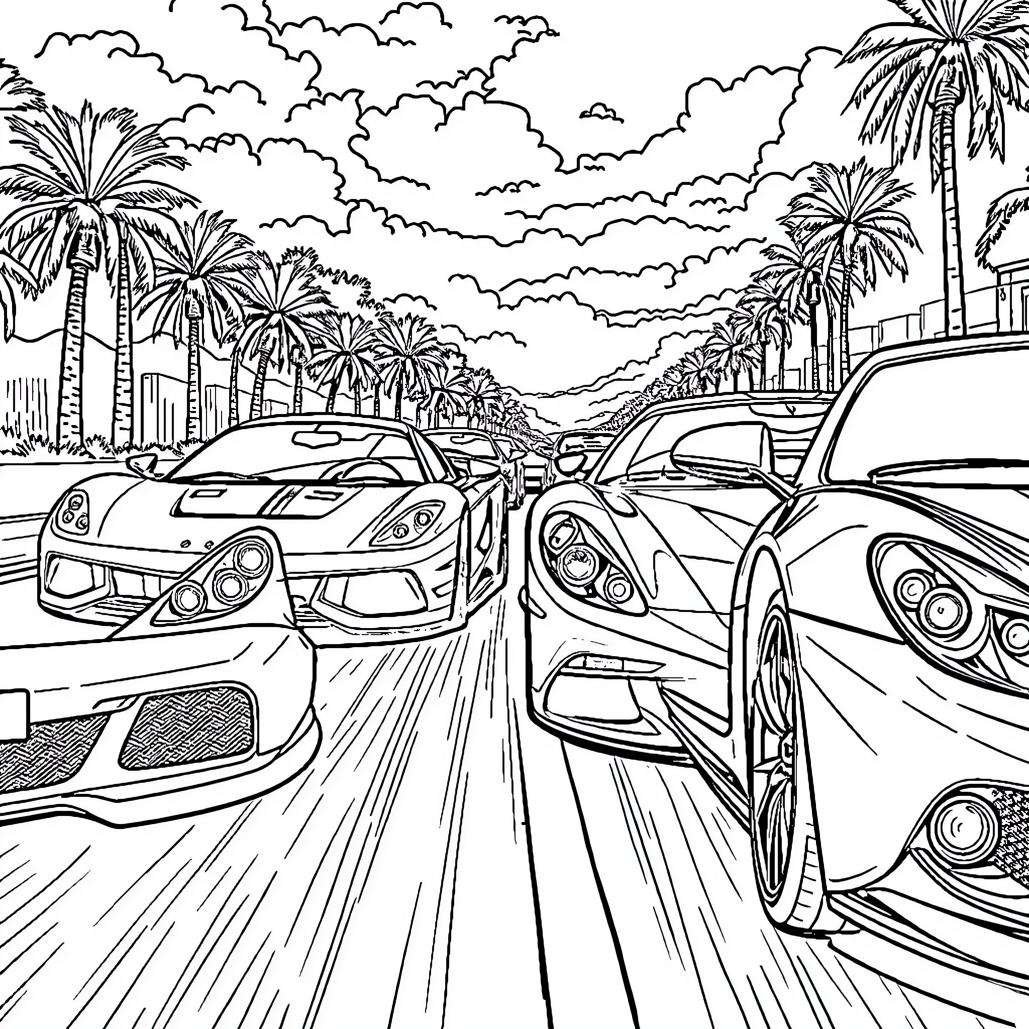 Sport Cars Racing Down Tropical Palm Tree Avenue Coloring Page (free black-and-white line drawing printable PDF for all, from beginners to advanced learners, including children, teens, adults, and seniors)