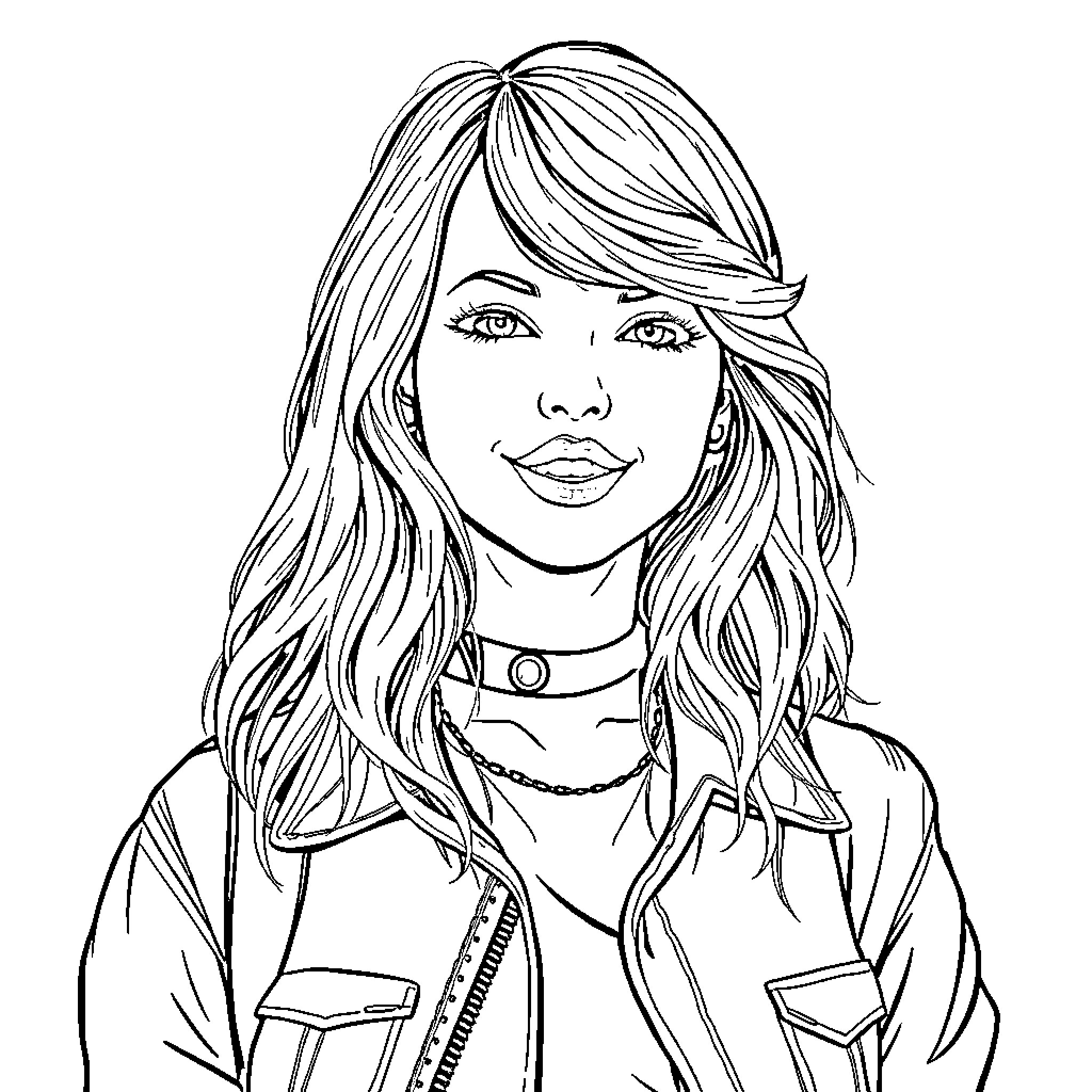 Taylor Swift portrait with expressive features Coloring Page (free black-and-white line drawing printable PDF for all, from beginners to advanced learners, including children, teens, adults, and seniors)