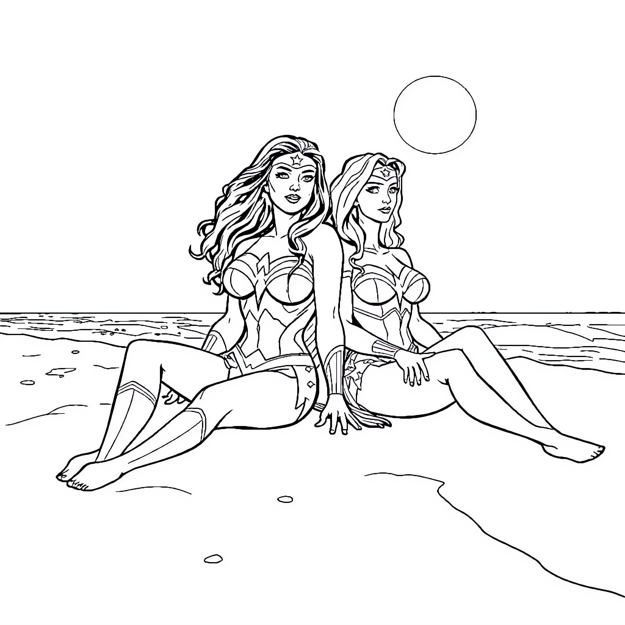 Wonder Woman and Her Companion Relaxing on the Beach Coloring Page (free black-and-white line drawing printable PDF for all, from beginners to advanced learners, including children, teens, adults, and seniors)