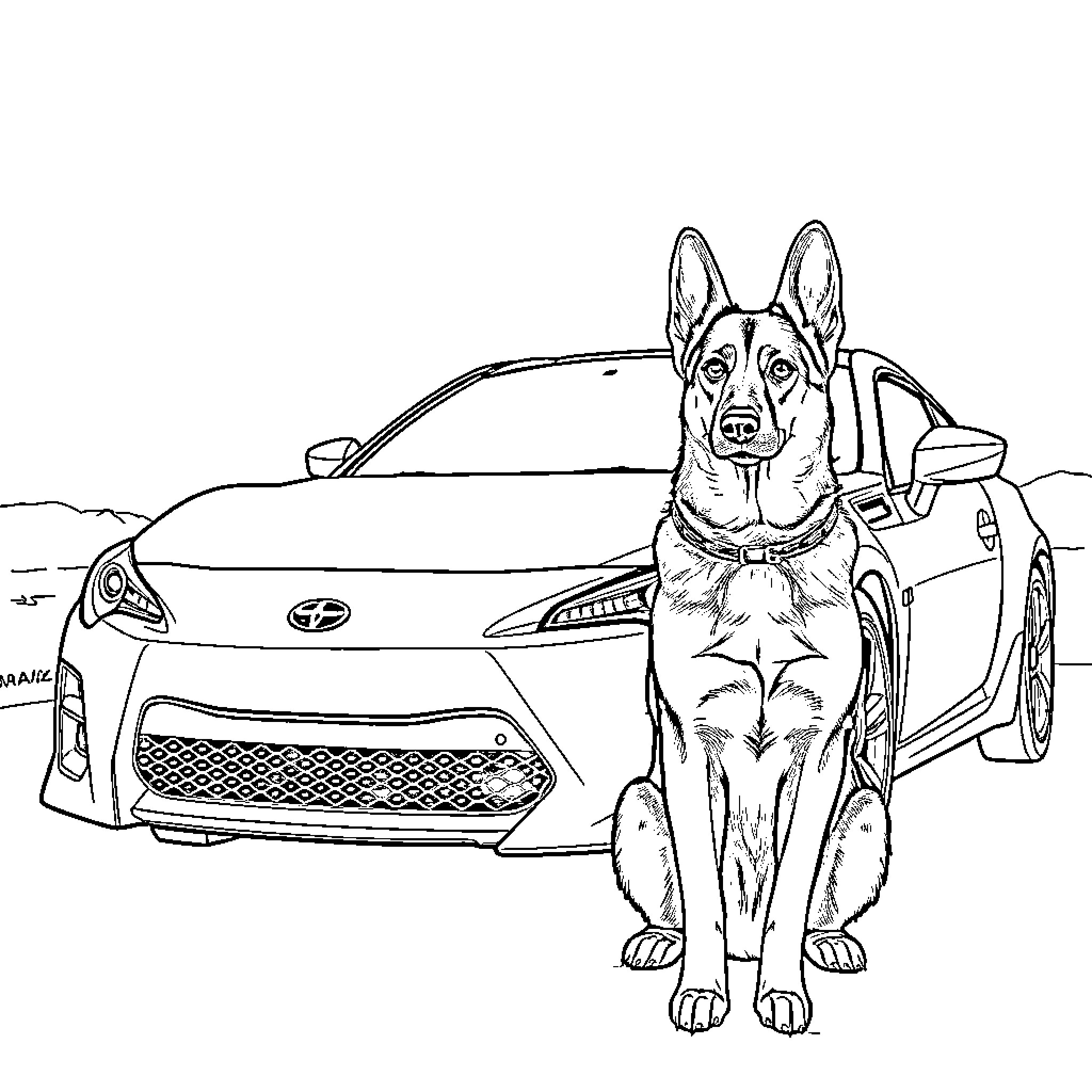 German Shepherd guarding police vehicle Coloring Page (free black-and-white line drawing printable PDF for all, from beginners to advanced learners, including children, teens, adults, and seniors)