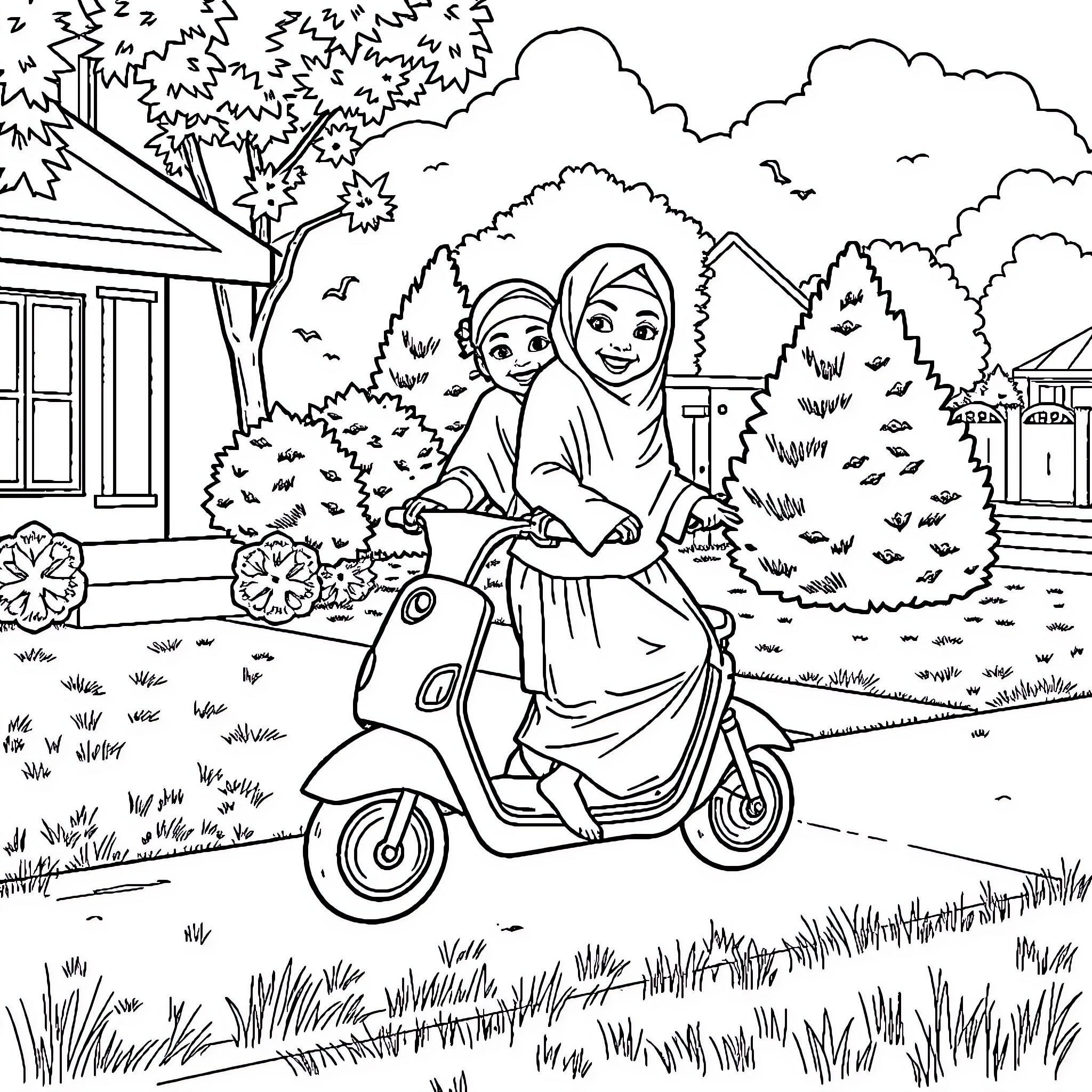 Sisters riding a scooter through the neighborhood Coloring Page (free black-and-white line drawing printable PDF for all, from beginners to advanced learners, including children, teens, adults, and seniors)