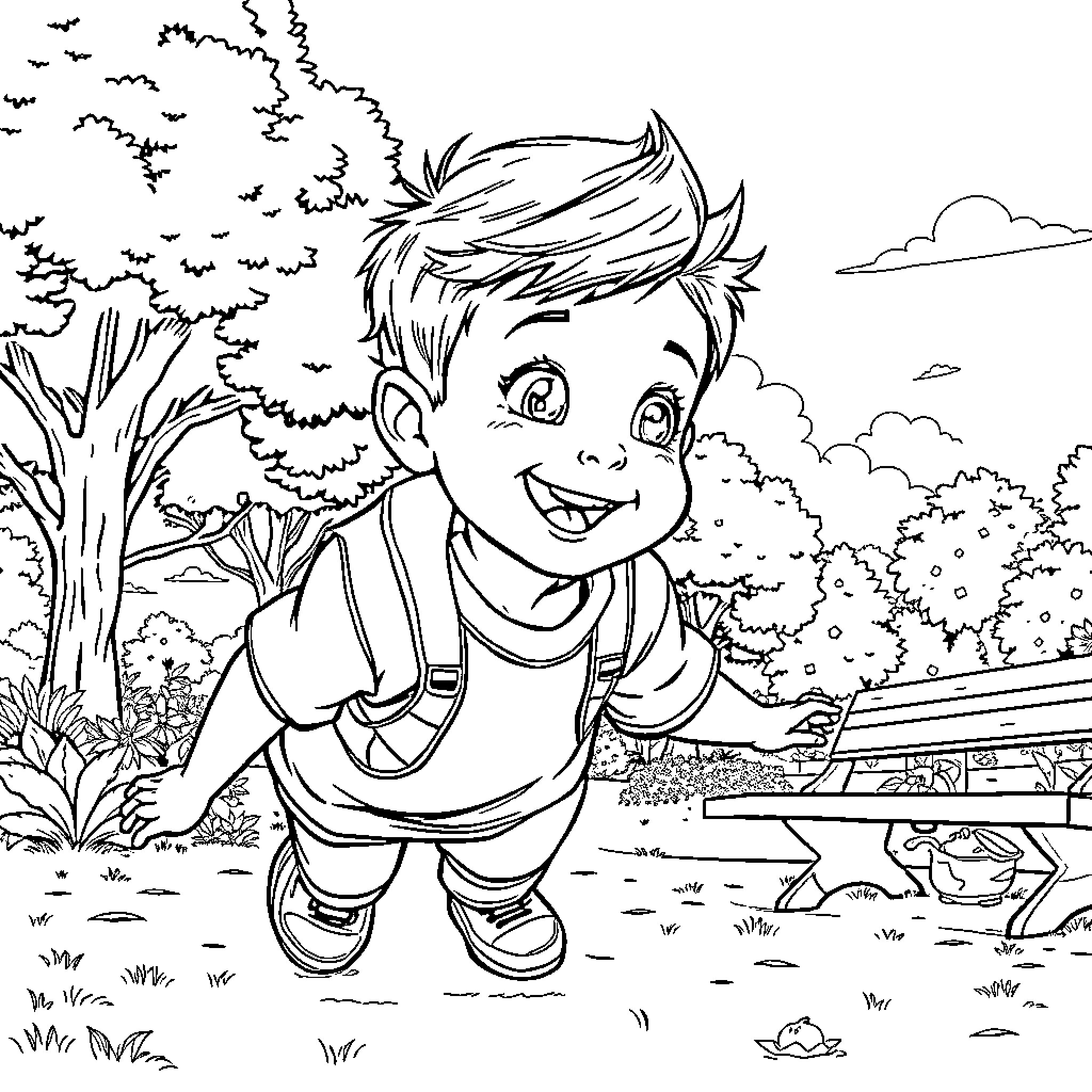 Mason playing happily in the park Coloring Page (free black-and-white line drawing printable PDF for all, from beginners to advanced learners, including children, teens, adults, and seniors)