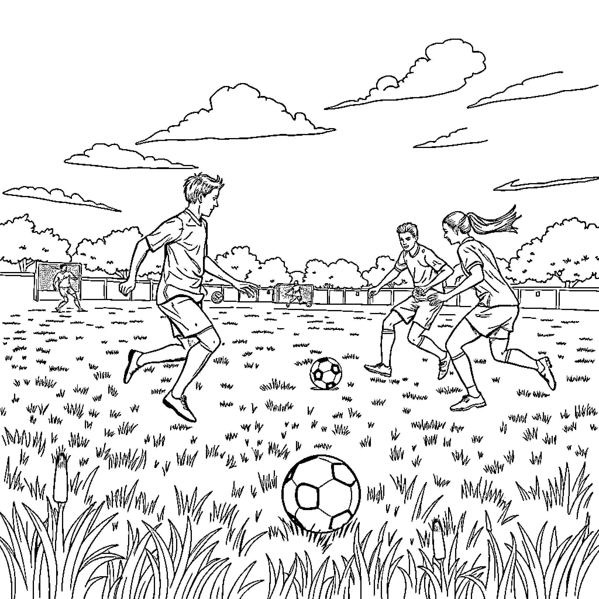 Soccer players in a field with clouds Coloring Page (free black-and-white line drawing printable PDF for all, from beginners to advanced learners, including children, teens, adults, and seniors)