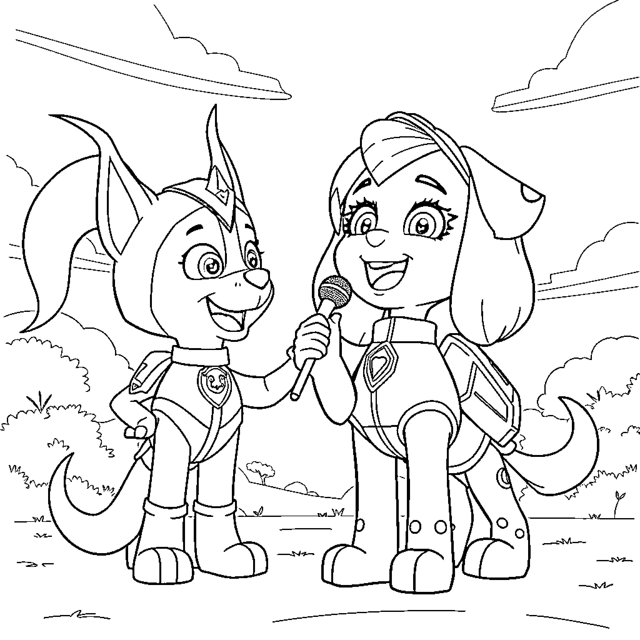 Skye and her friend on an adventure Coloring Page (free black-and-white line drawing printable PDF for all, from beginners to advanced learners, including children, teens, adults, and seniors)