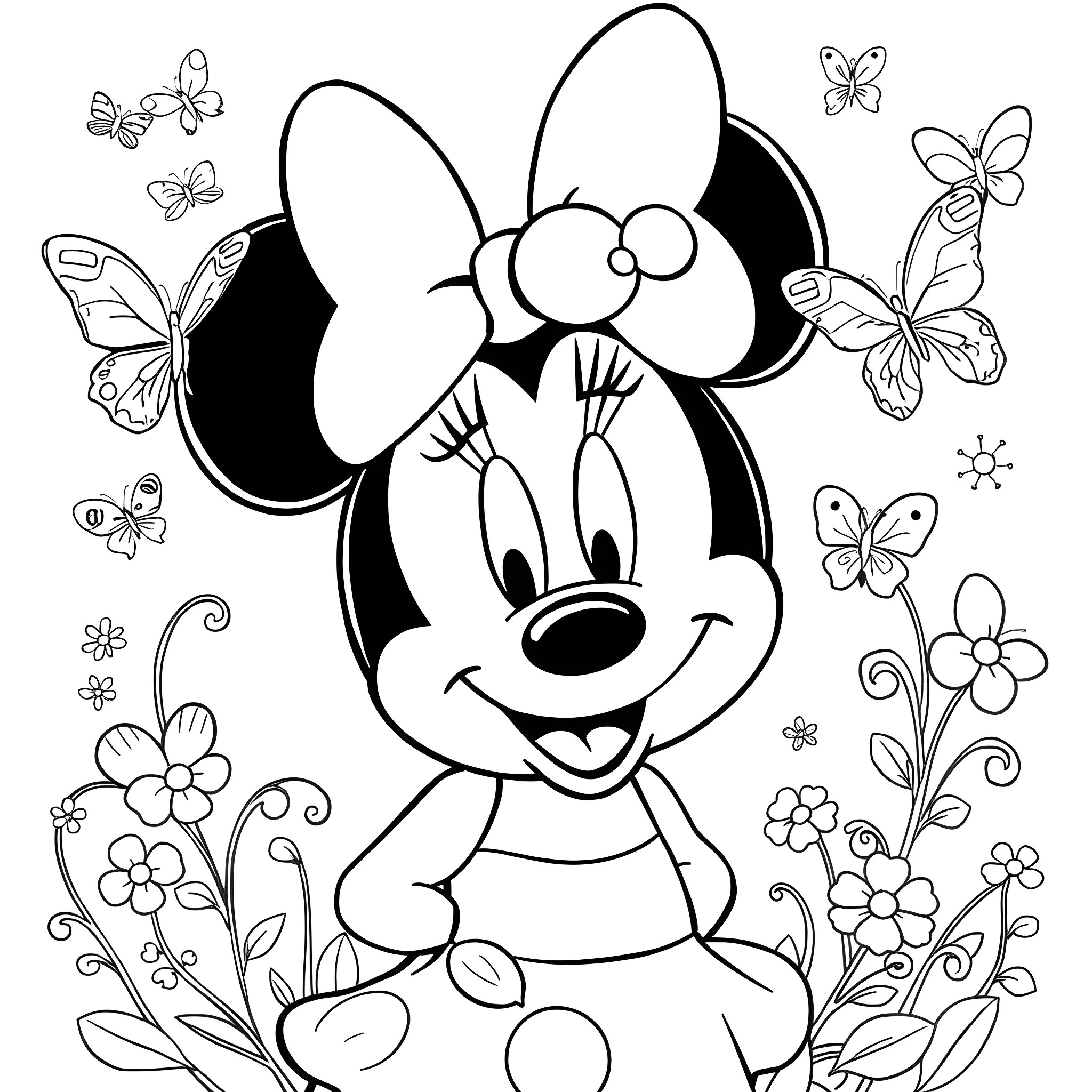 Minnie Mouse in a floral meadow with butterflies Coloring Page (free black-and-white line drawing printable PDF for all, from beginners to advanced learners, including children, teens, adults, and seniors)