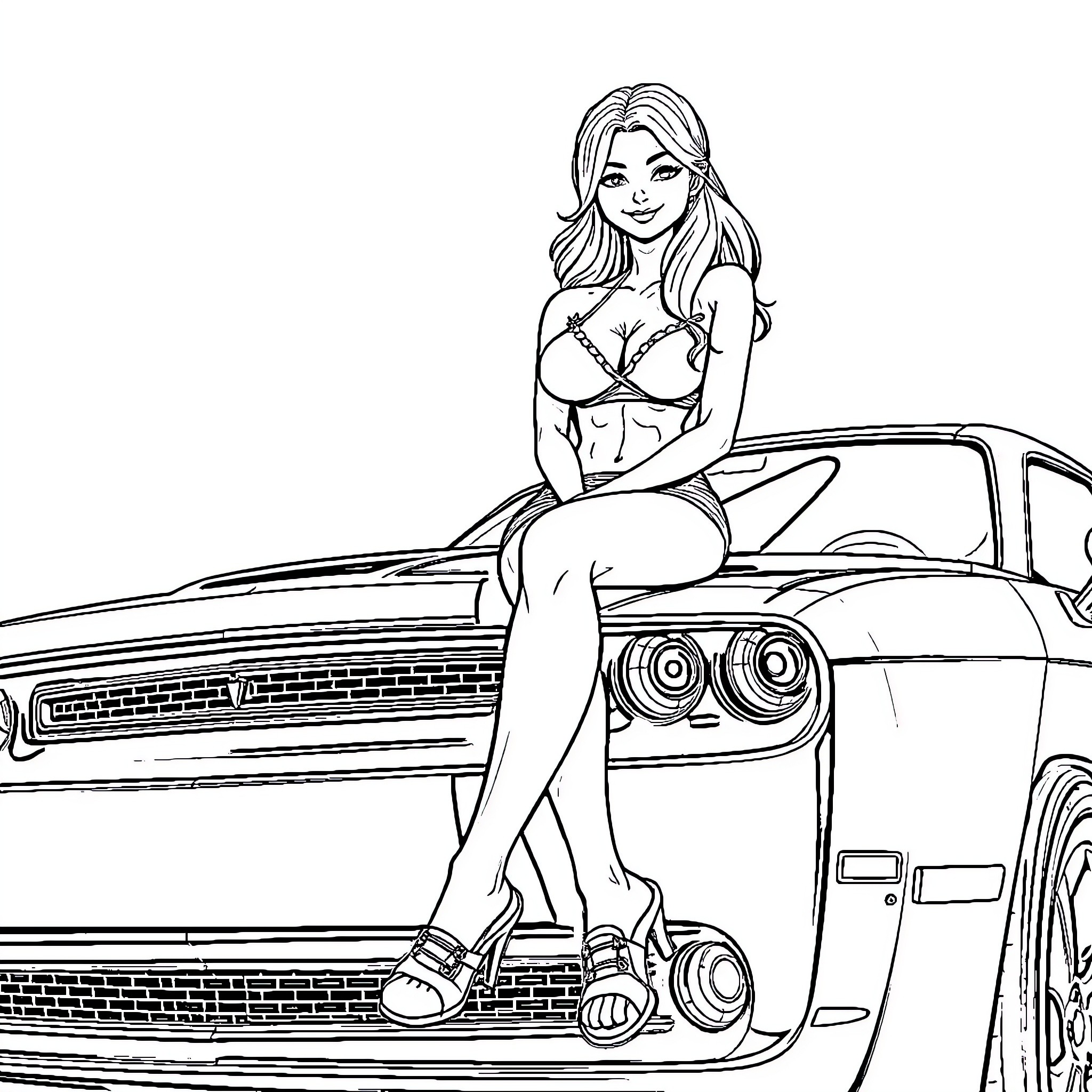 Girl posing confidently in front of classic car Coloring Page (free black-and-white line drawing printable PDF for all, from beginners to advanced learners, including children, teens, adults, and seniors)