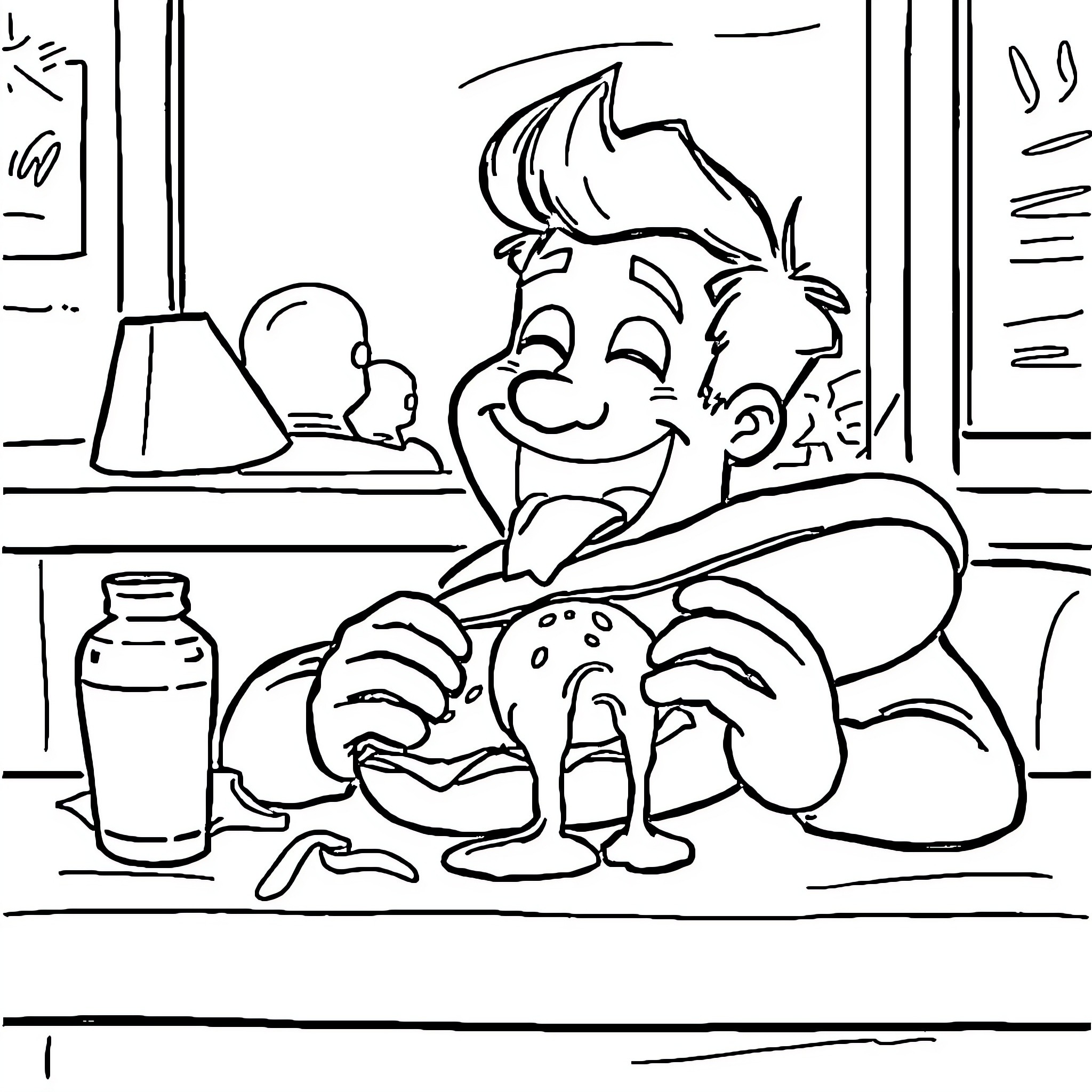 Joey enjoying his favorite snack time Coloring Page (free black-and-white line drawing printable PDF for all, from beginners to advanced learners, including children, teens, adults, and seniors)