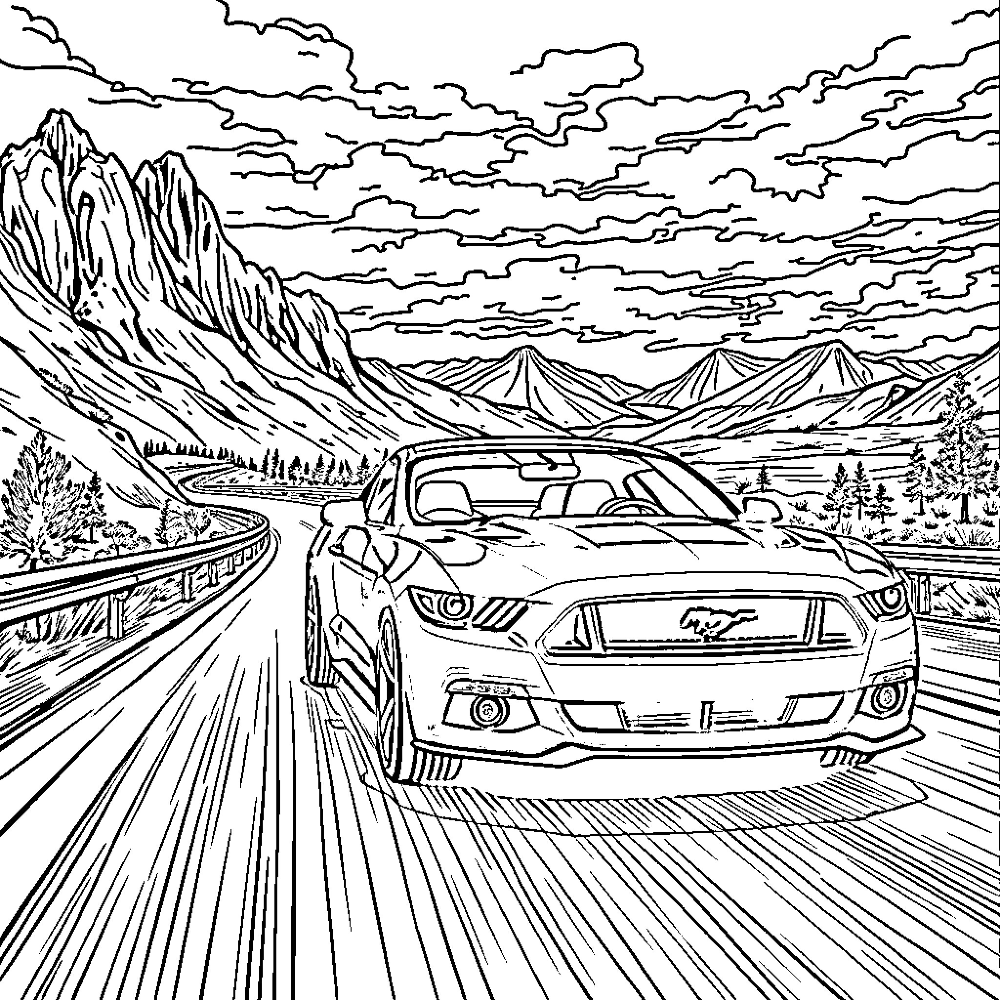Ford Mustang speeding through the mountains Coloring Page (free black-and-white line drawing printable PDF for all, from beginners to advanced learners, including children, teens, adults, and seniors)