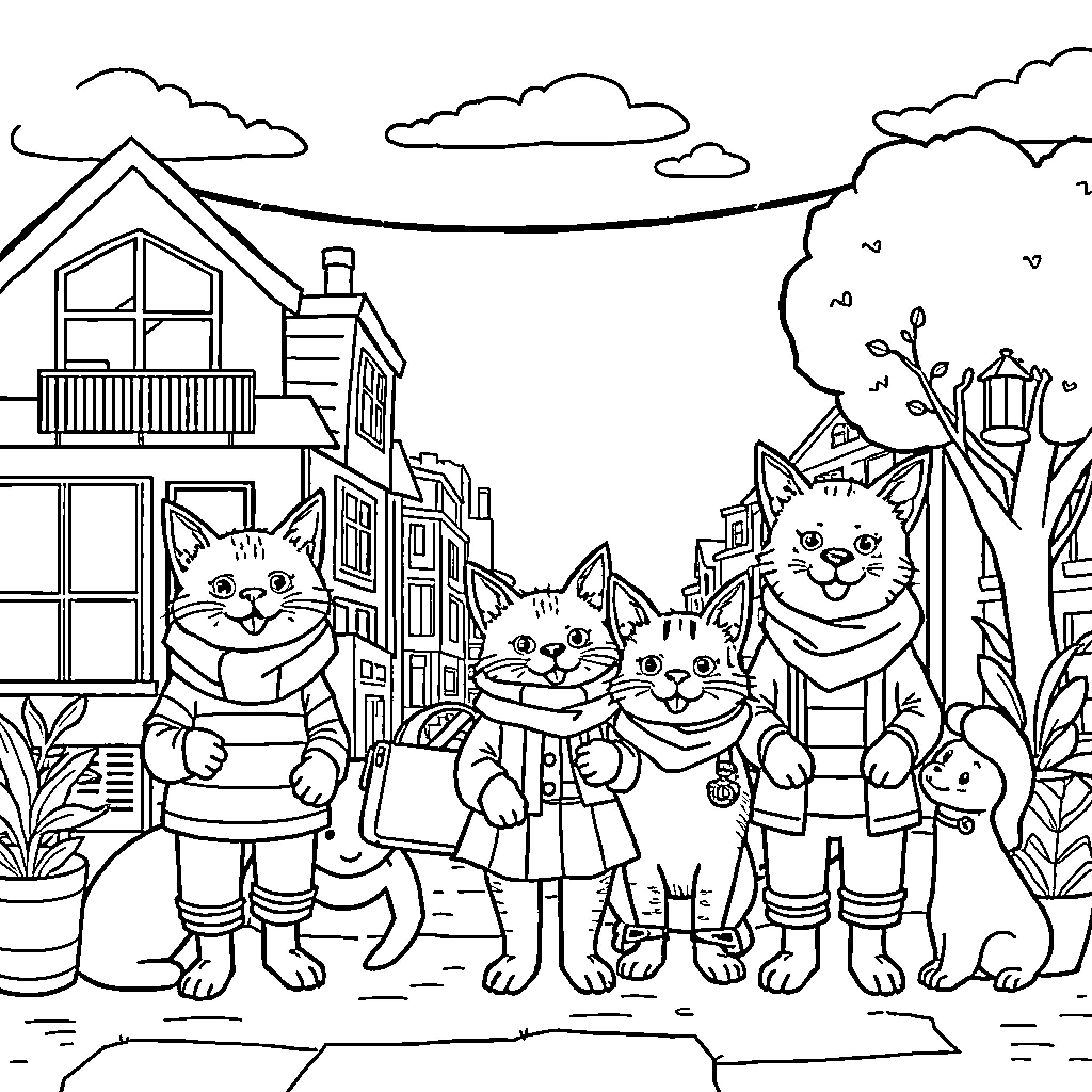 Cat and Dog Exploring the Neighborhood Together Coloring Page (free black-and-white line drawing printable PDF for all, from beginners to advanced learners, including children, teens, adults, and seniors)
