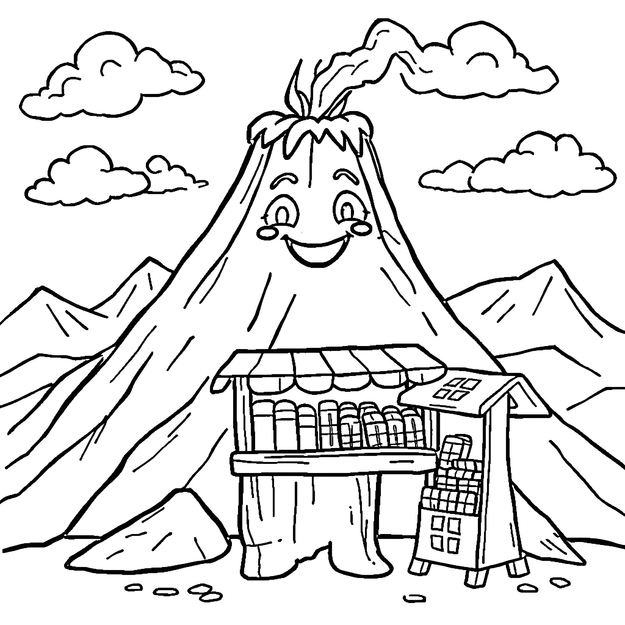 Volcano with a Smiling Face and a Small House Coloring Page (free black-and-white line drawing printable PDF for all, from beginners to advanced learners, including children, teens, adults, and seniors)