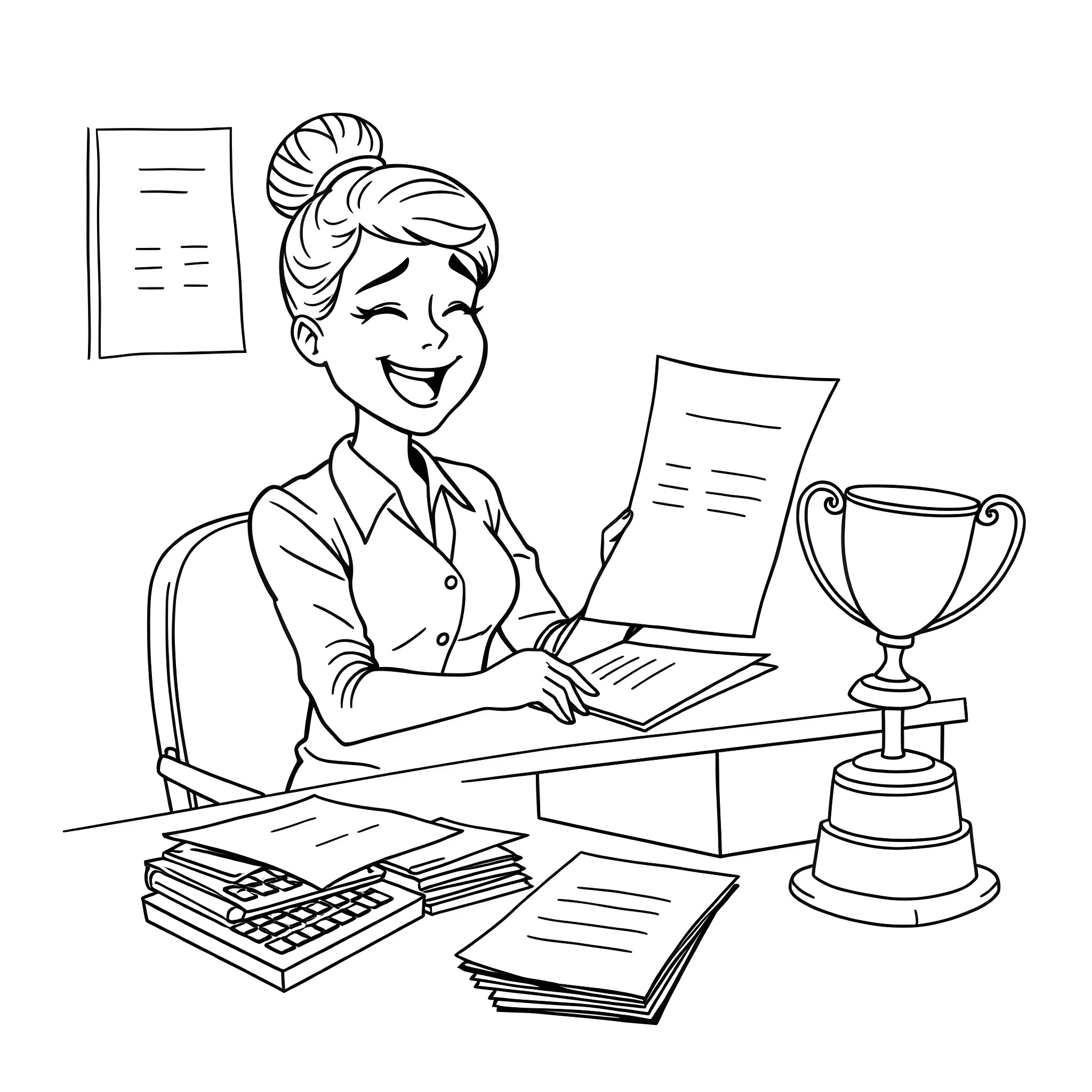Accountant Celebrating Achievement with Trophy Coloring Page (free black-and-white line drawing printable PDF for all, from beginners to advanced learners, including children, teens, adults, and seniors)