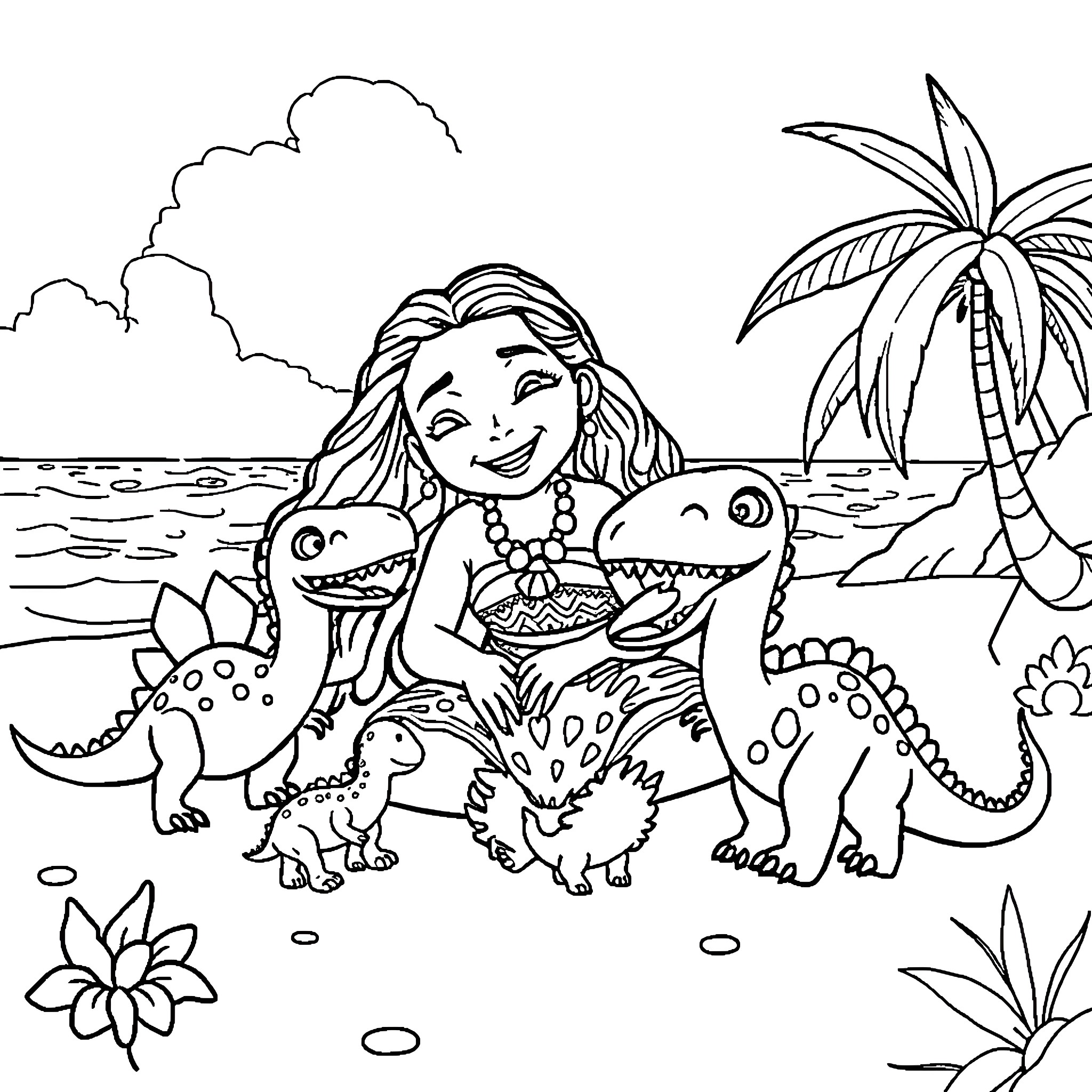 Moana interacting with cute dinosaurs on a tropical beach Coloring Page (free black-and-white line drawing printable PDF for all, from beginners to advanced learners, including children, teens, adults, and seniors)