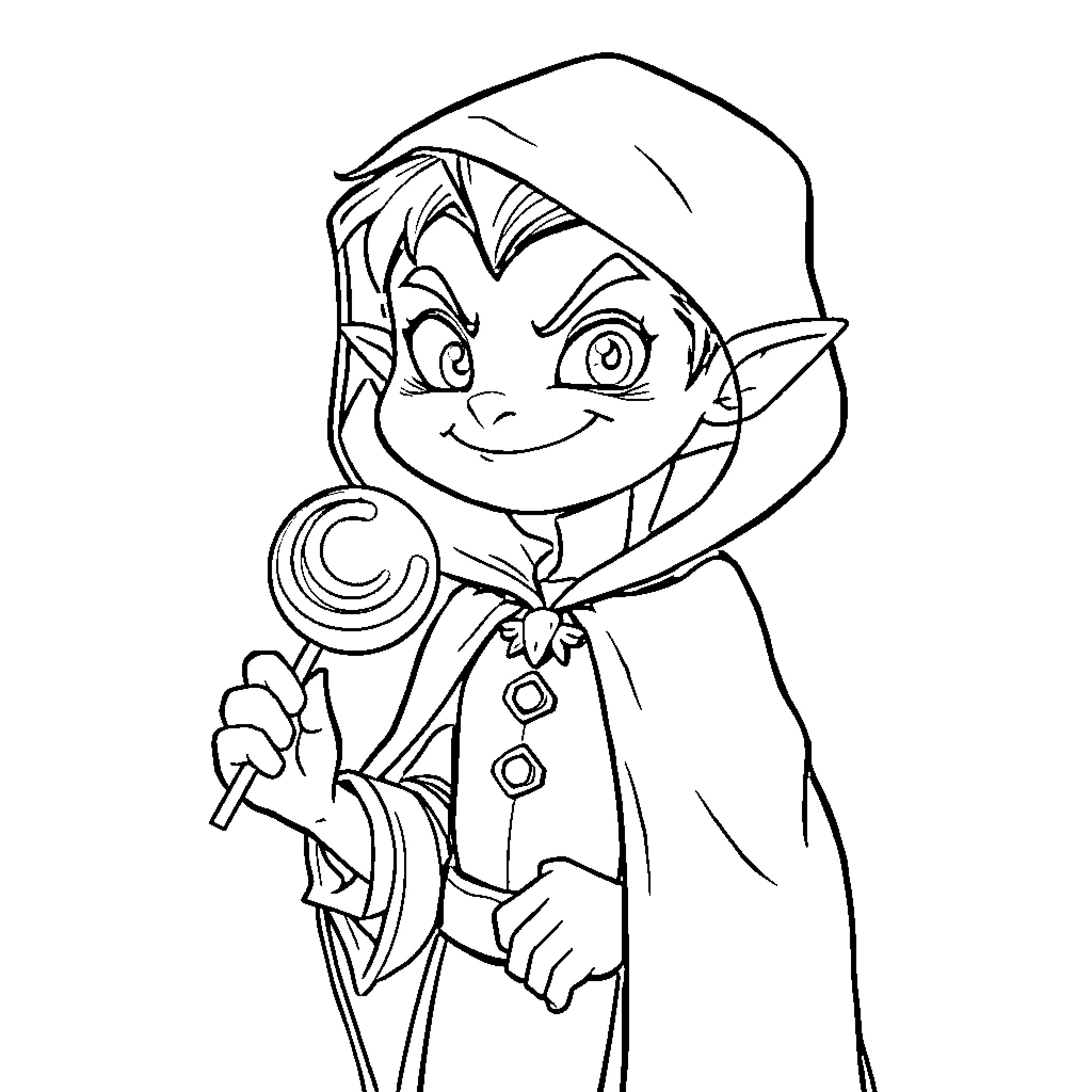 Vampire Elf Holding Wand with Mischievous Expression Coloring Page (free black-and-white line drawing printable PDF for all, from beginners to advanced learners, including children, teens, adults, and seniors)