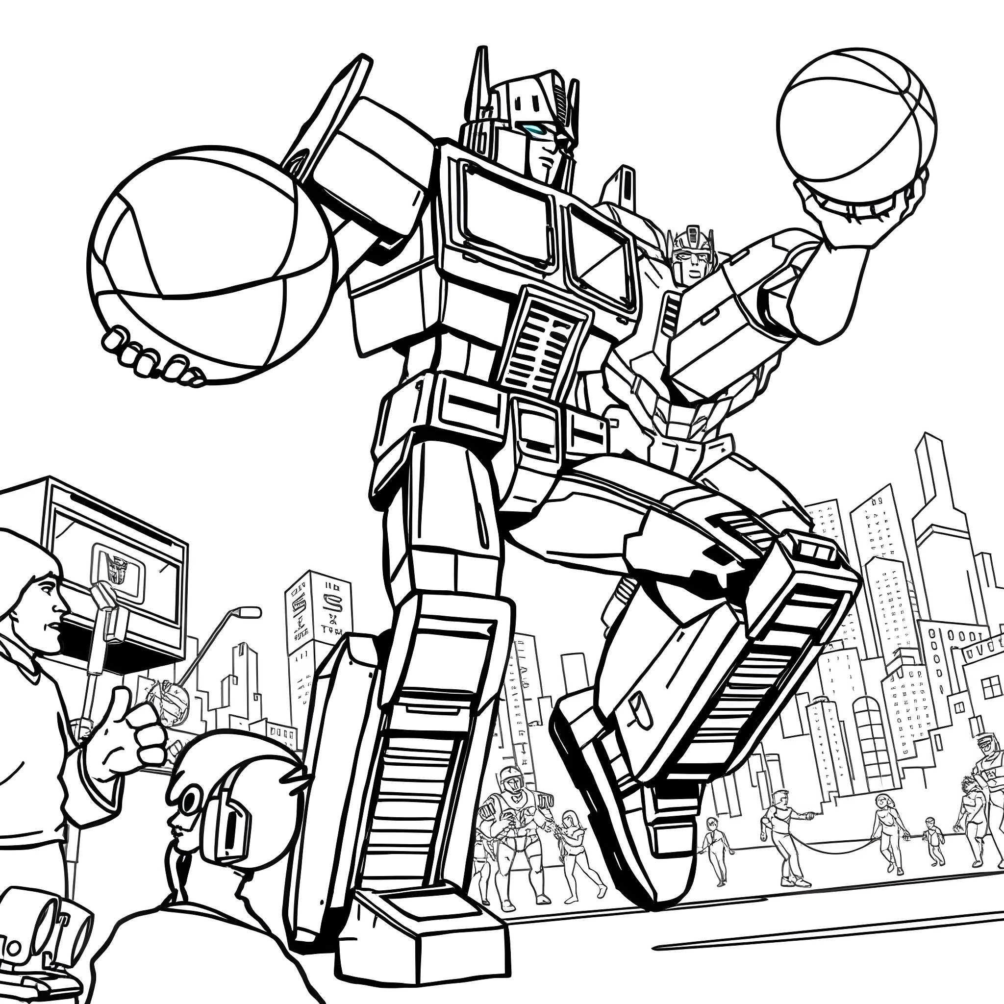 Optimus Prime in action against urban backdrop Coloring Page (free black-and-white line drawing printable PDF for all, from beginners to advanced learners, including children, teens, adults, and seniors)