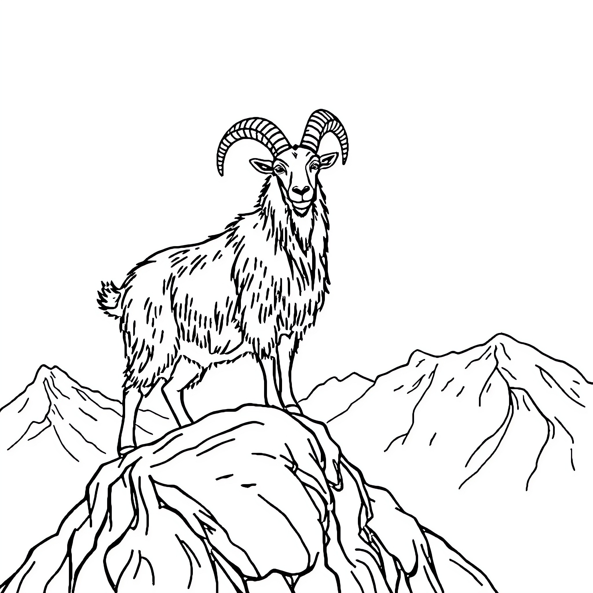 Mountain Goat Standing Atop Rocky Cliff Coloring Page (free black-and-white line drawing printable PDF for all, from beginners to advanced learners, including children, teens, adults, and seniors)