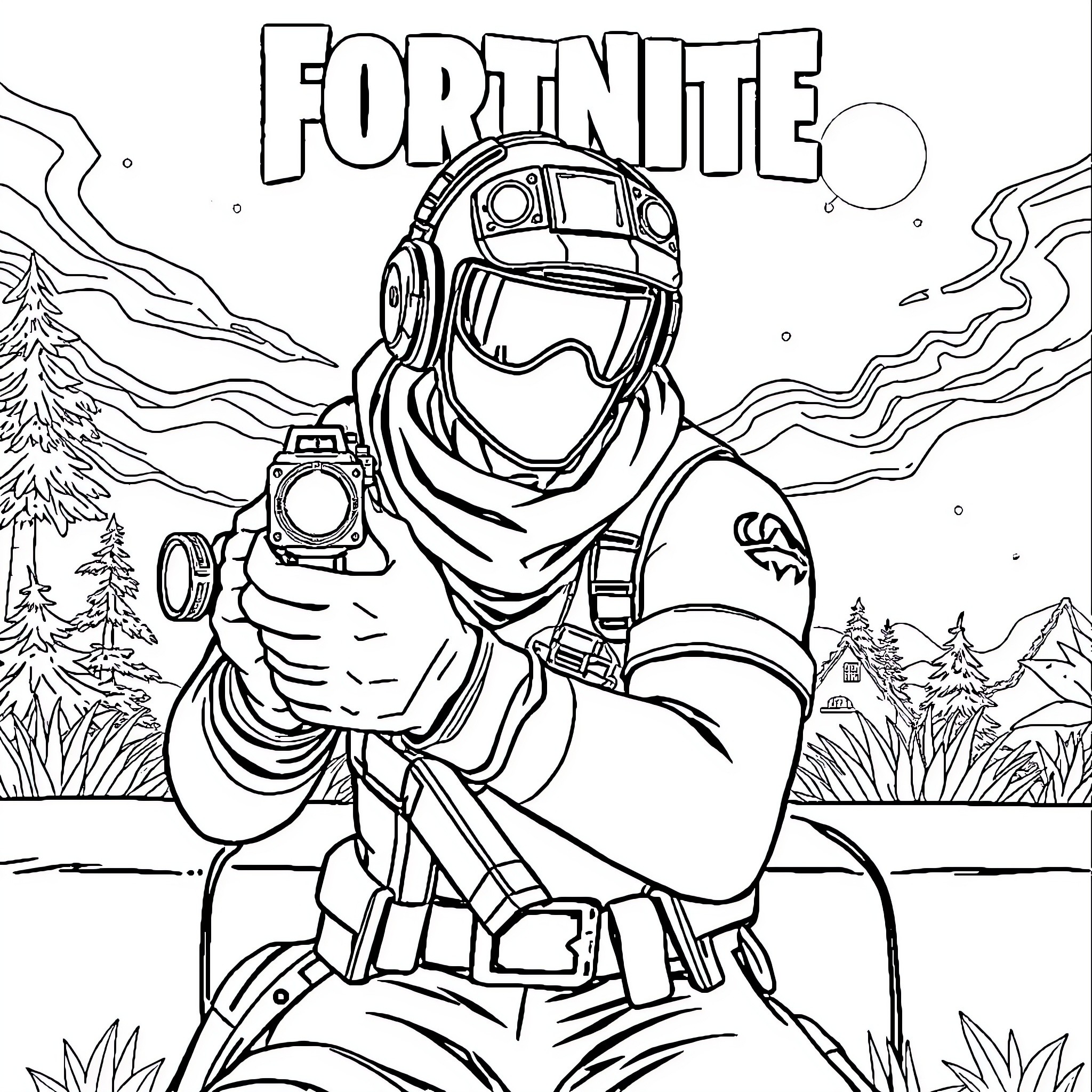 Fortnite character in action-packed winter scene Coloring Page (free black-and-white line drawing printable PDF for all, from beginners to advanced learners, including children, teens, adults, and seniors)