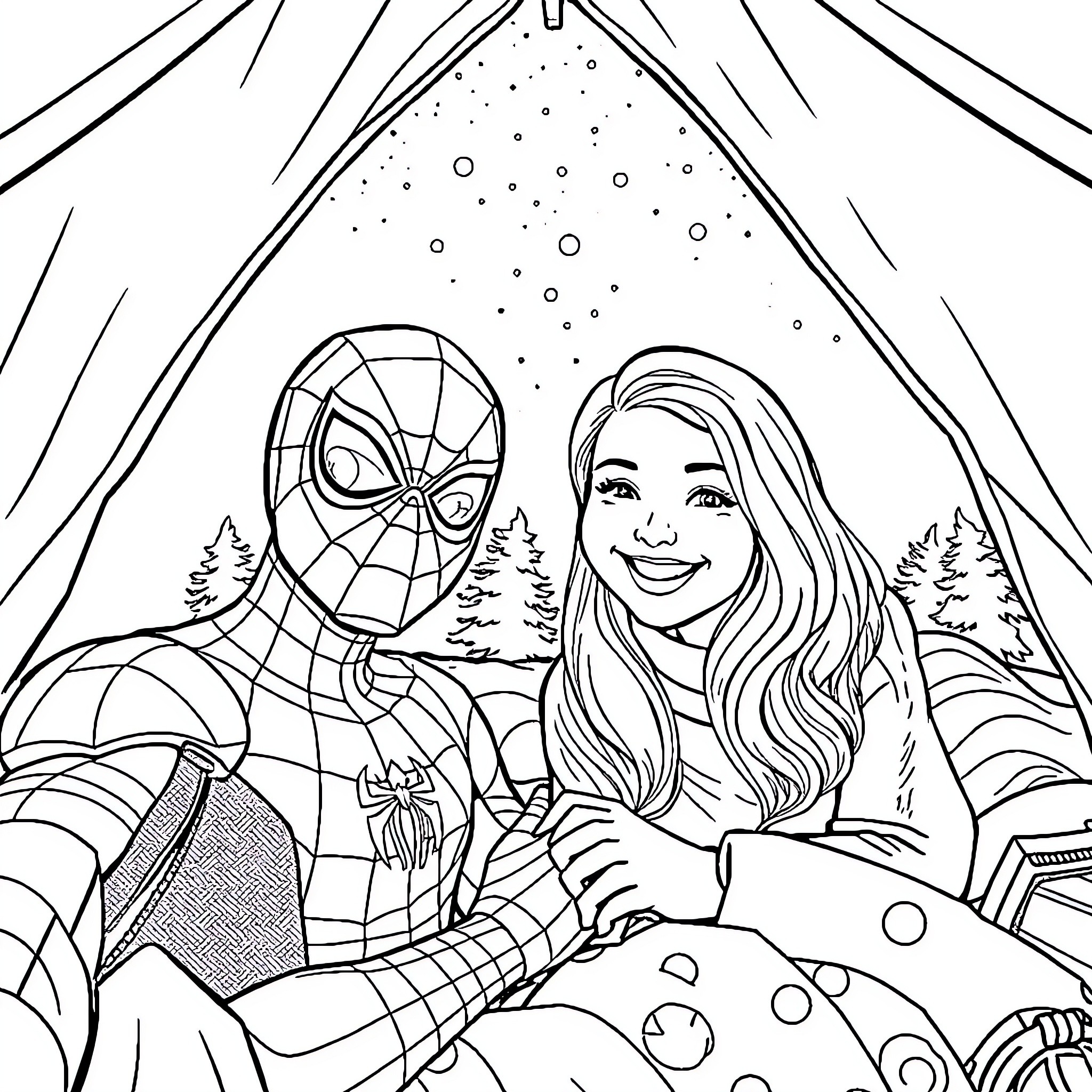 Spiderman and companion in an outdoor setting Coloring Page (free black-and-white line drawing printable PDF for all, from beginners to advanced learners, including children, teens, adults, and seniors)