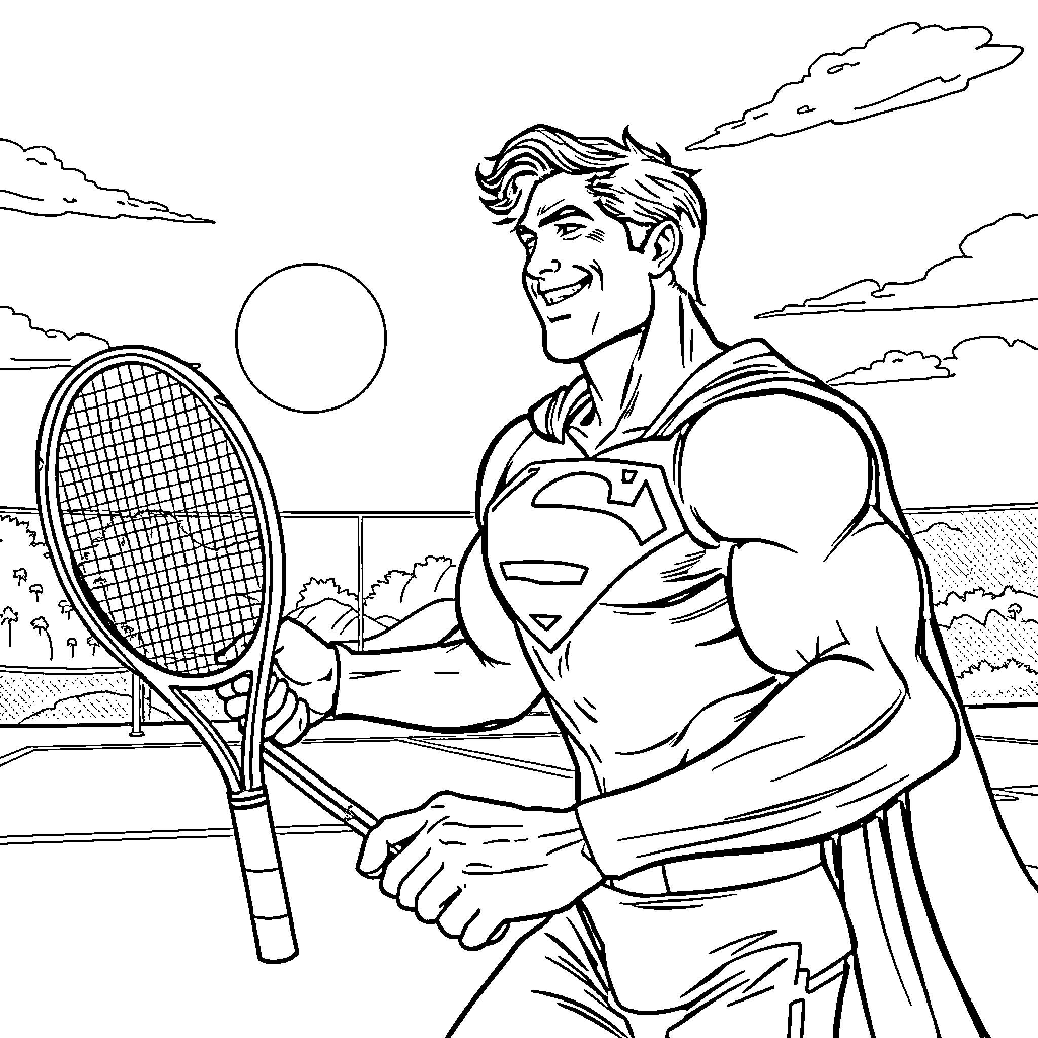 Superman playing tennis on the court Coloring Page (free black-and-white line drawing printable PDF for all, from beginners to advanced learners, including children, teens, adults, and seniors)