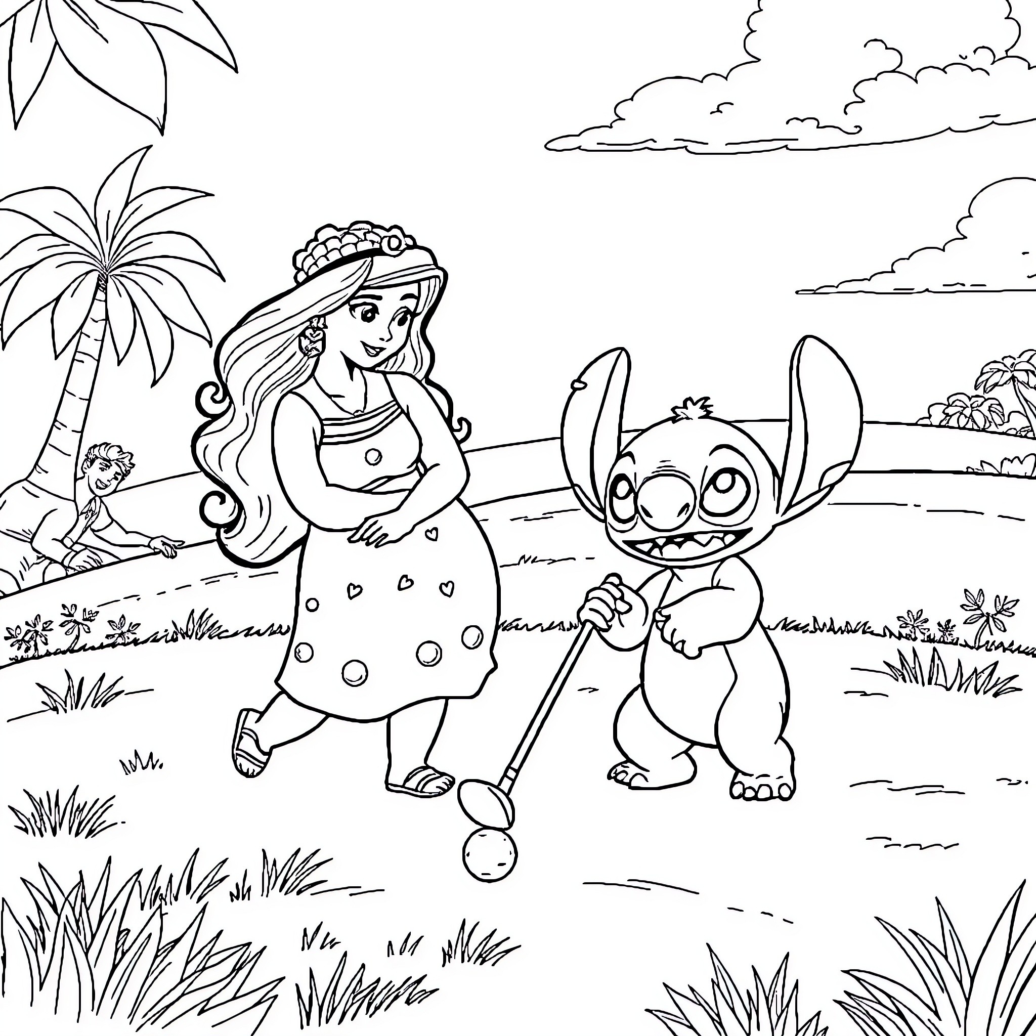 Lilo And Stitch Playing Together in Paradise Coloring Page (free black-and-white line drawing printable PDF for all, from beginners to advanced learners, including children, teens, adults, and seniors)