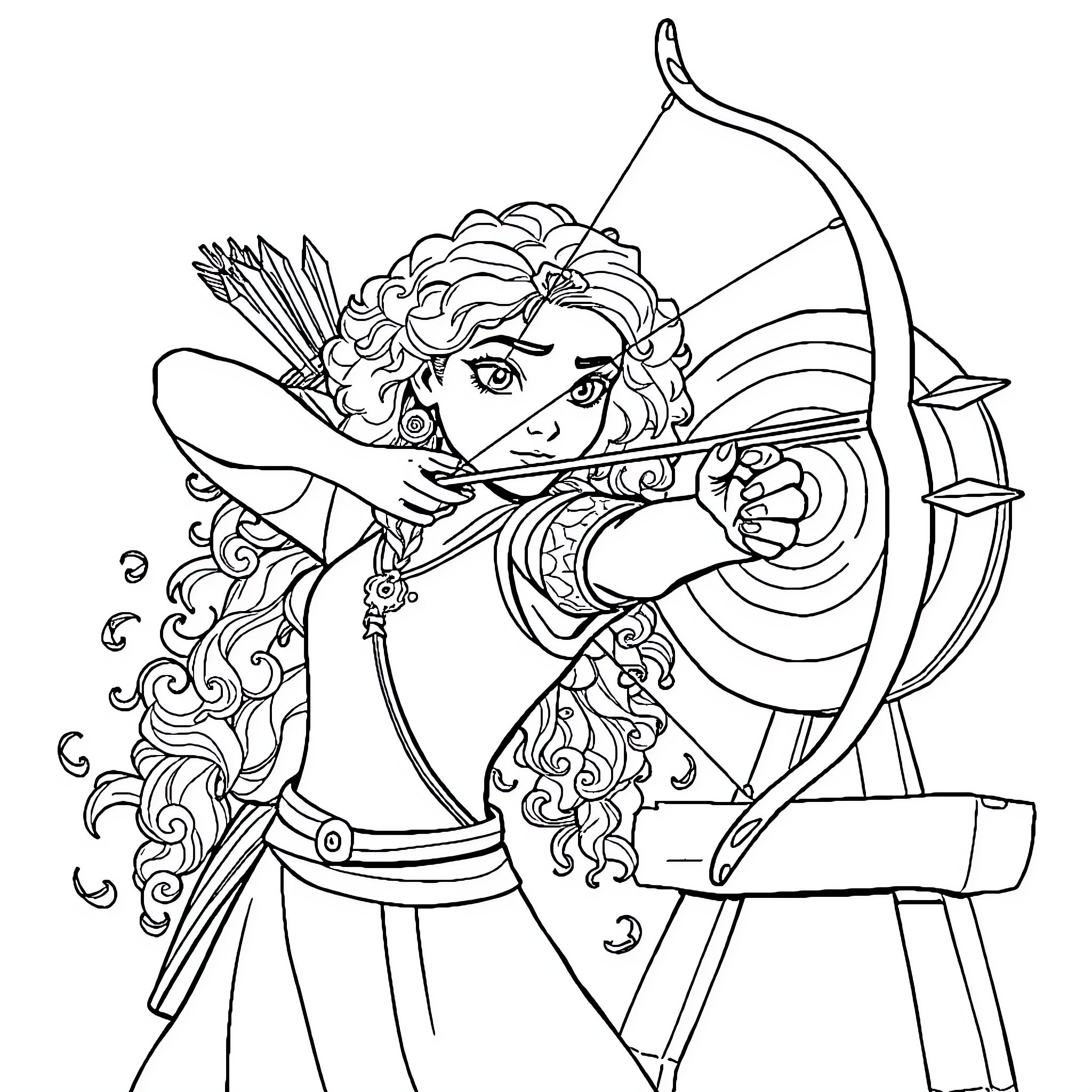 Merida, the Skilled Archer, in Action Coloring Page (free black-and-white line drawing printable PDF for all, from beginners to advanced learners, including children, teens, adults, and seniors)