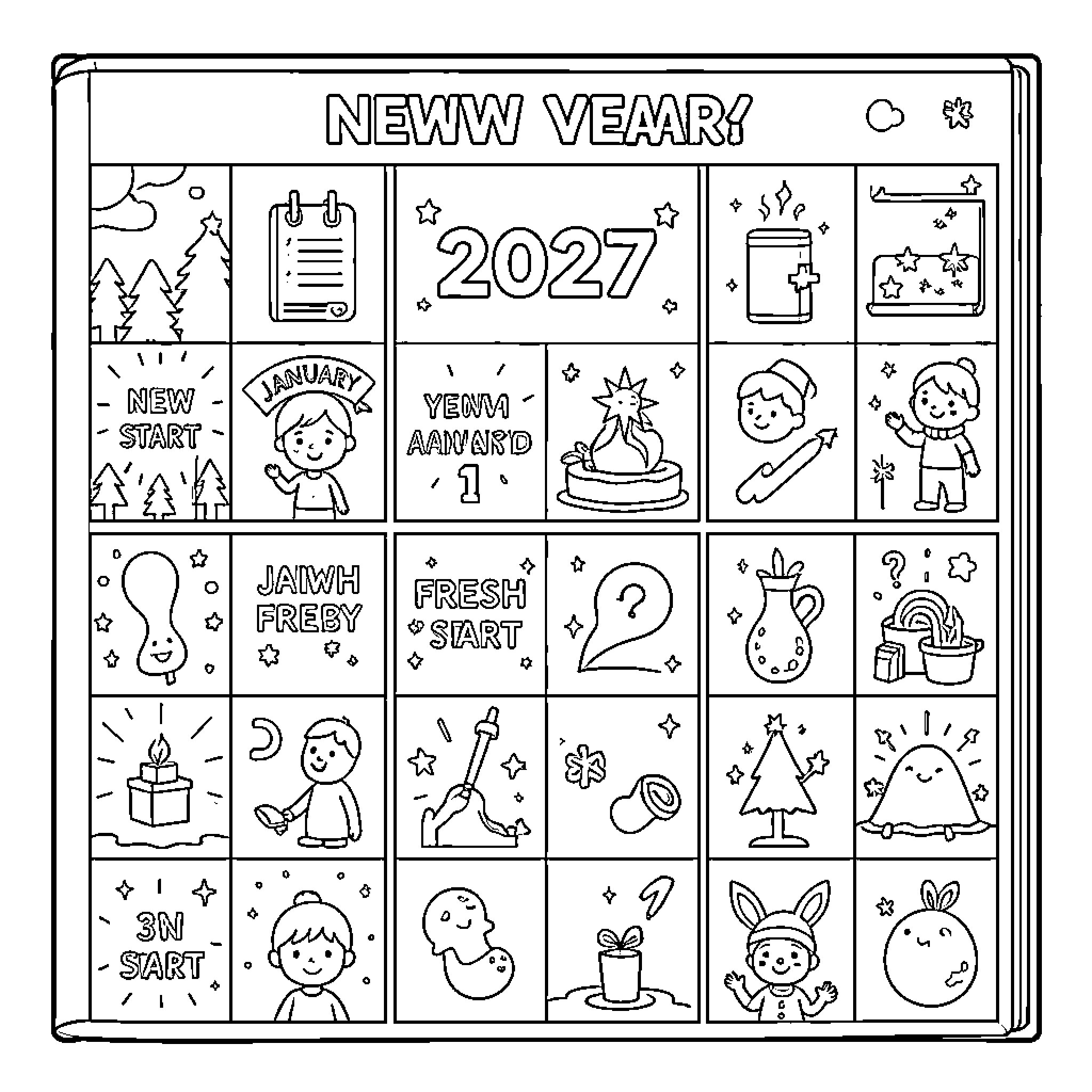 New Year celebrating with festive decorations and happy characters Coloring Page (free black-and-white line drawing printable PDF for all, from beginners to advanced learners, including children, teens, adults, and seniors)