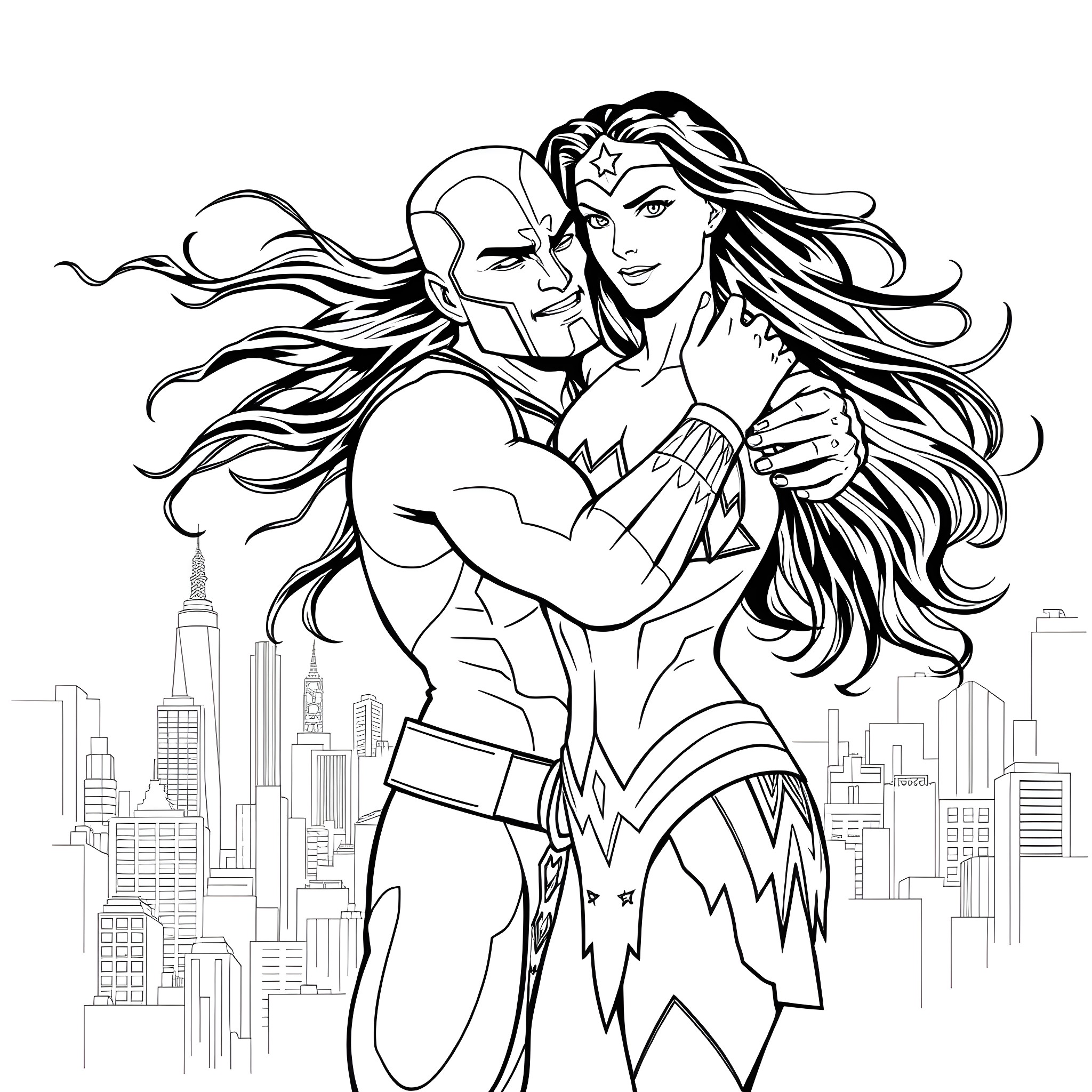 Badman and Wonder Woman embrace in the city Coloring Page (free black-and-white line drawing printable PDF for all, from beginners to advanced learners, including children, teens, adults, and seniors)