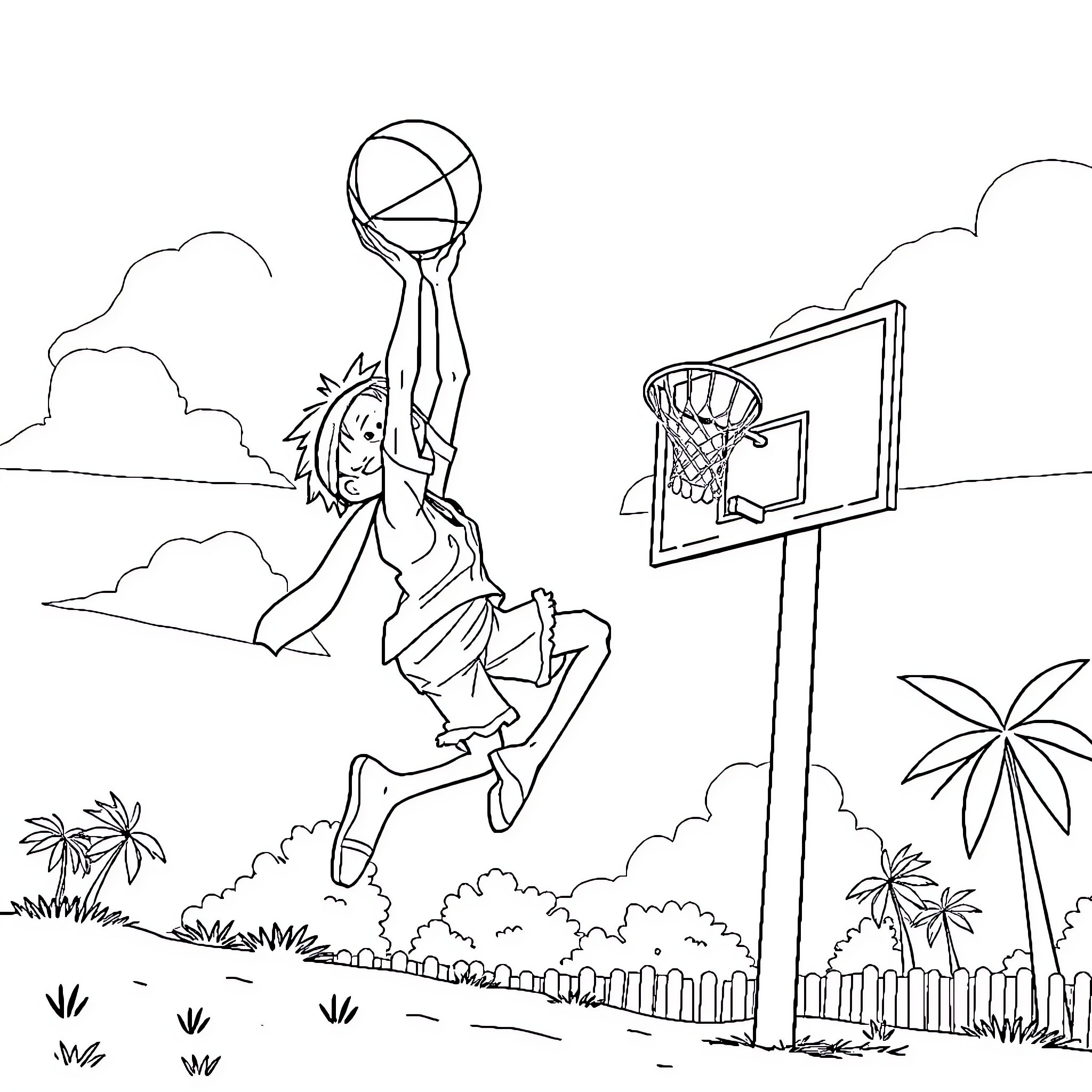Luffy's Energetic Basketball Game in the Park Coloring Page (free black-and-white line drawing printable PDF for all, from beginners to advanced learners, including children, teens, adults, and seniors)