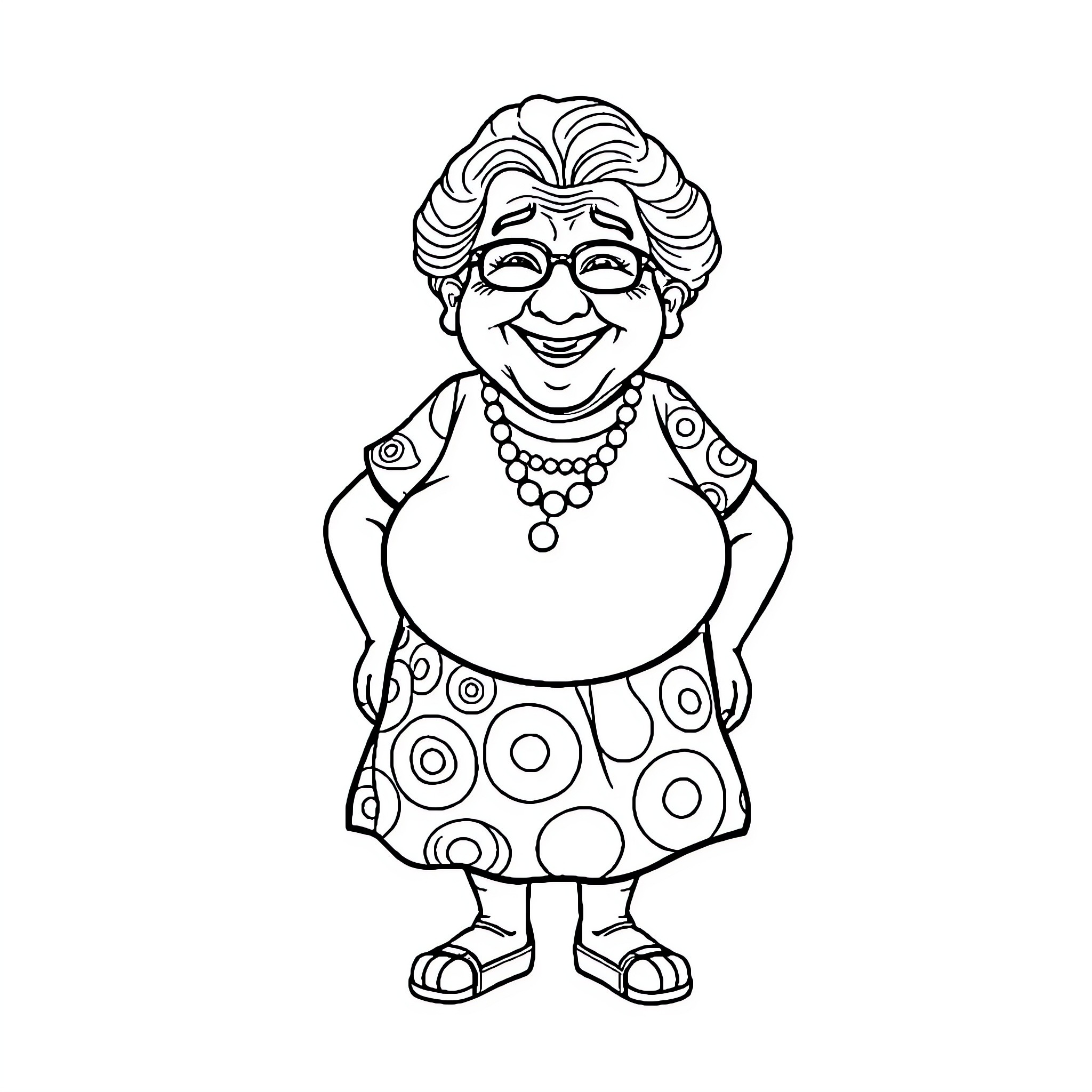 Granny in Cheerful Polka Dot Dress Coloring Page (free black-and-white line drawing printable PDF for all, from beginners to advanced learners, including children, teens, adults, and seniors)
