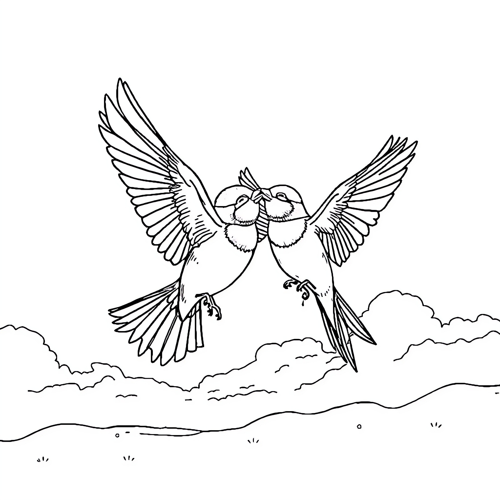 Birds Soaring Playfully in the Sky Coloring Page (free black-and-white line drawing printable PDF for all, from beginners to advanced learners, including children, teens, adults, and seniors)