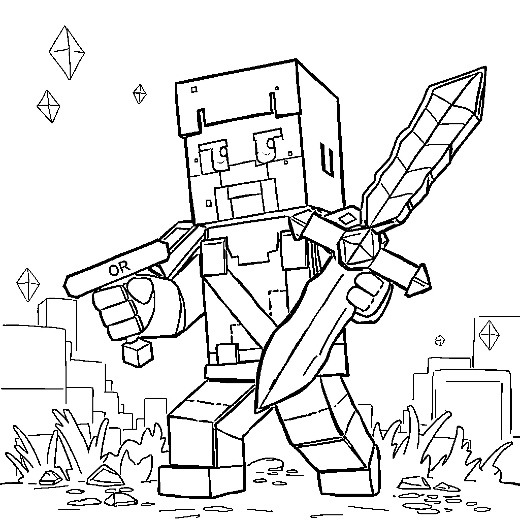 Steve battles ferocious creature with magical sword Coloring Page (free black-and-white line drawing printable PDF for all, from beginners to advanced learners, including children, teens, adults, and seniors)