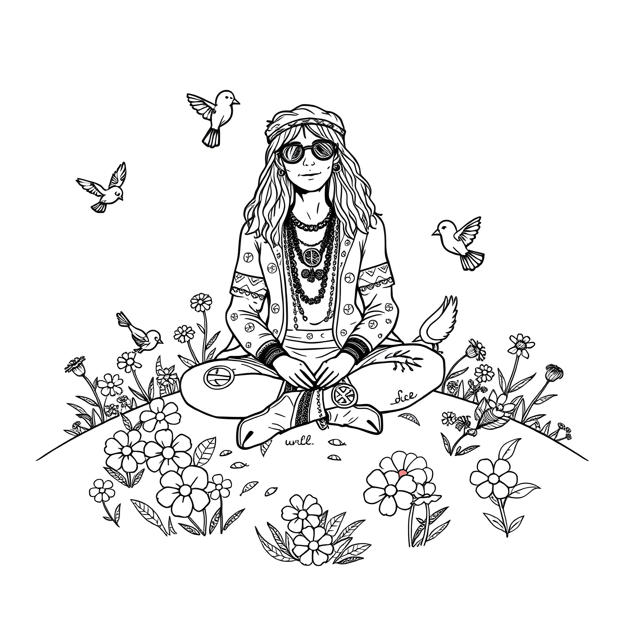 Hippie girl meditating in flower-filled field Coloring Page (free black-and-white line drawing printable PDF for all, from beginners to advanced learners, including children, teens, adults, and seniors)