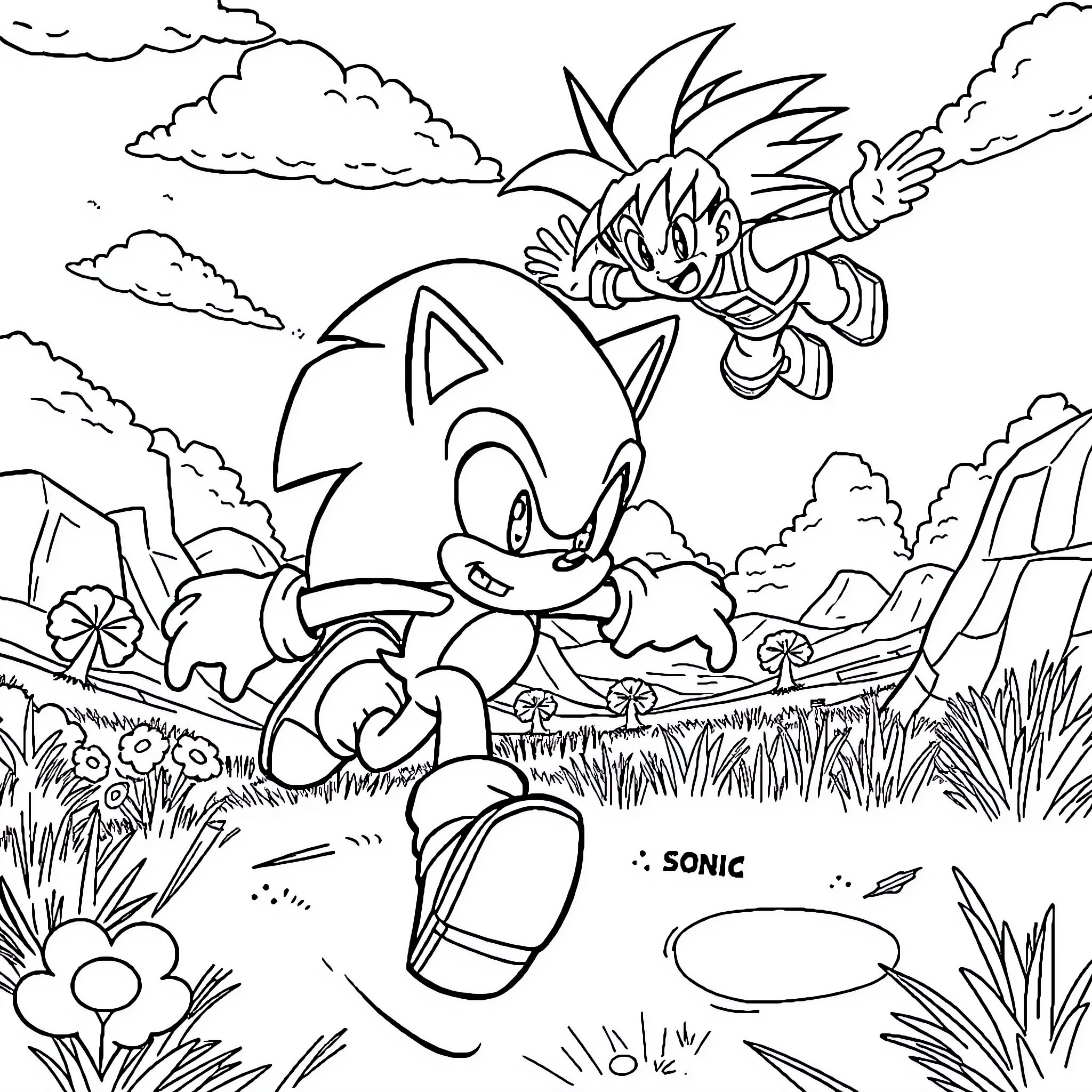 Sonic on an Adventure in the Scenic Landscape Coloring Page (free black-and-white line drawing printable PDF for all, from beginners to advanced learners, including children, teens, adults, and seniors)