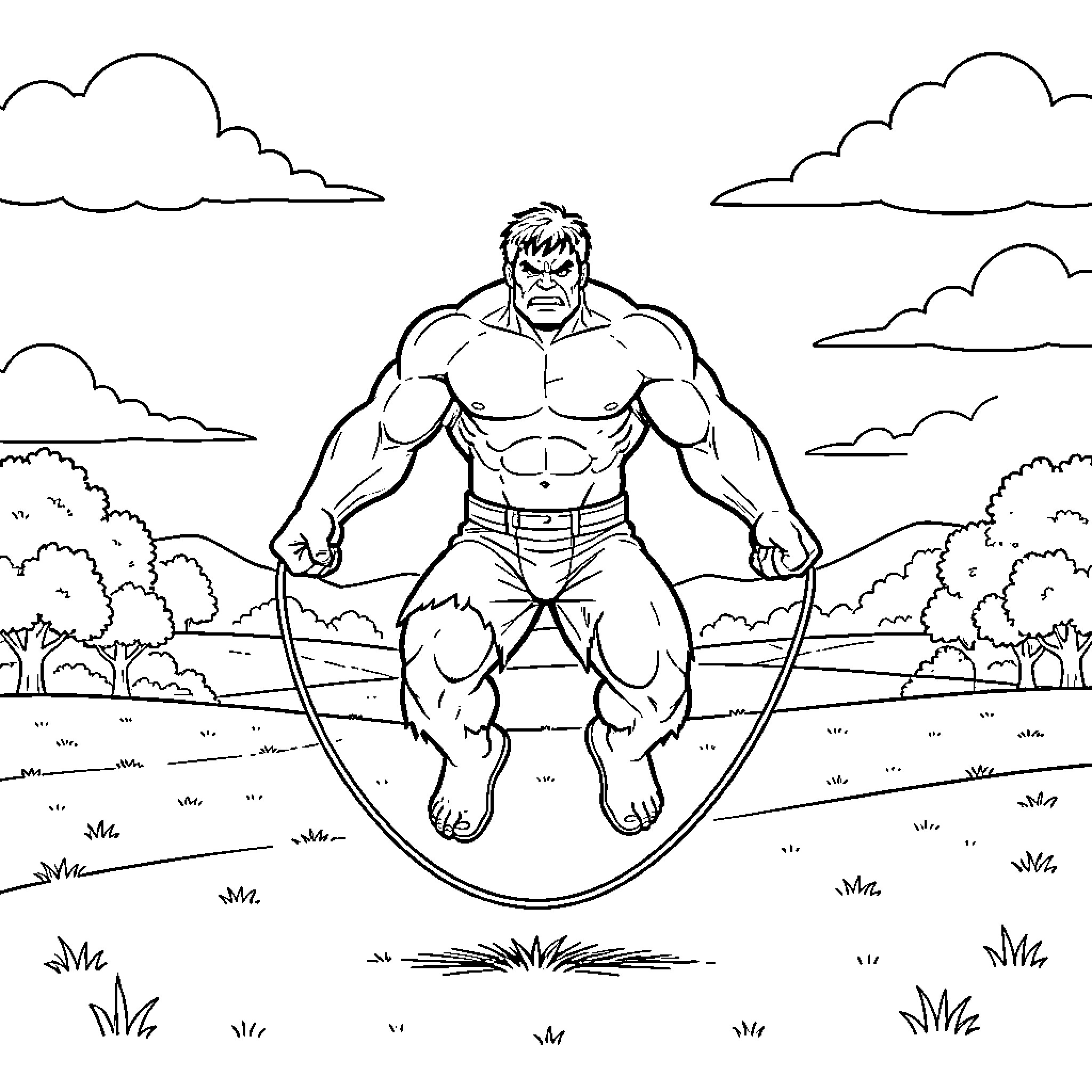 Hulk jumping powerfully in a field Coloring Page (free black-and-white line drawing printable PDF for all, from beginners to advanced learners, including children, teens, adults, and seniors)