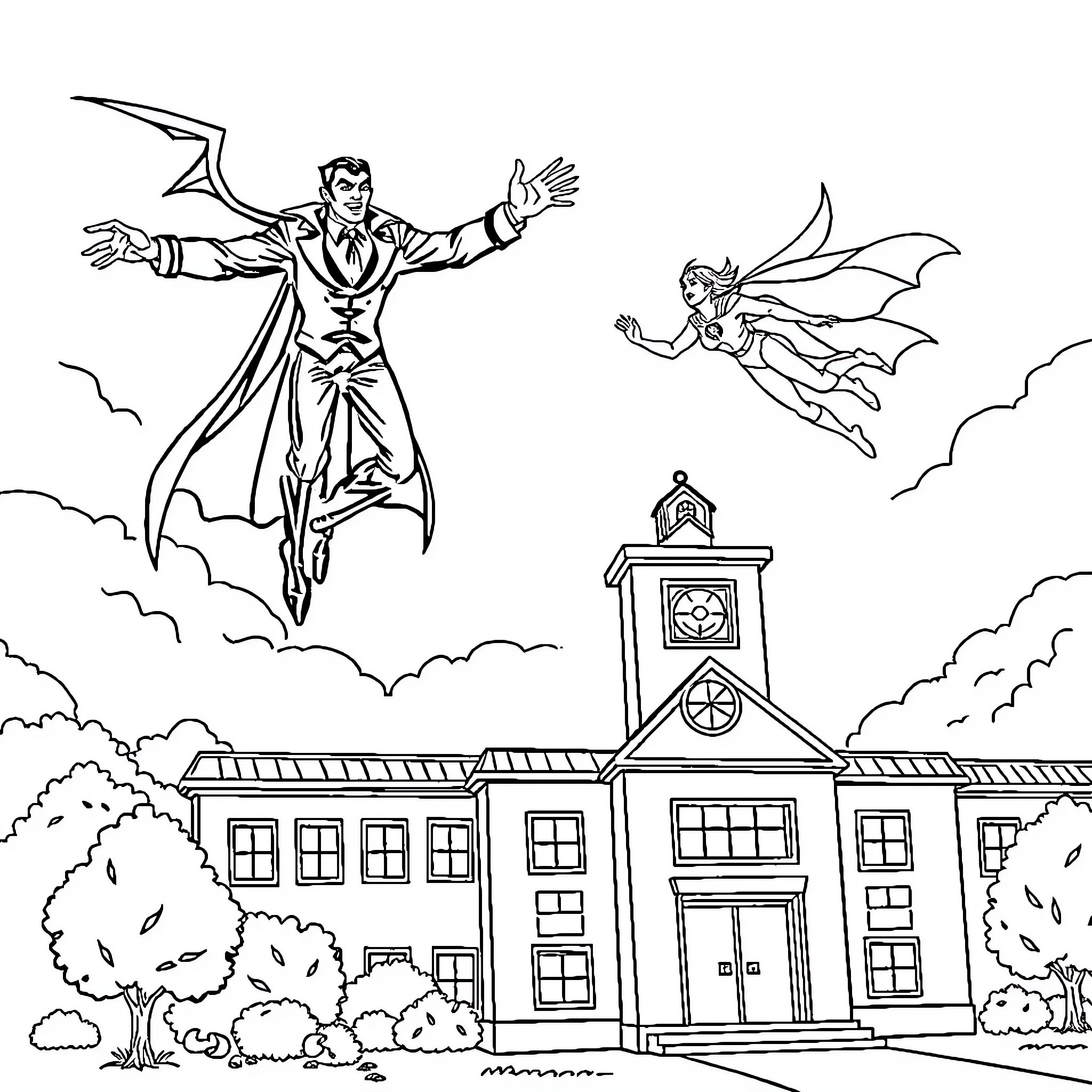 Supervillain confronts heroic figure above school building Coloring Page (free black-and-white line drawing printable PDF for all, from beginners to advanced learners, including children, teens, adults, and seniors)