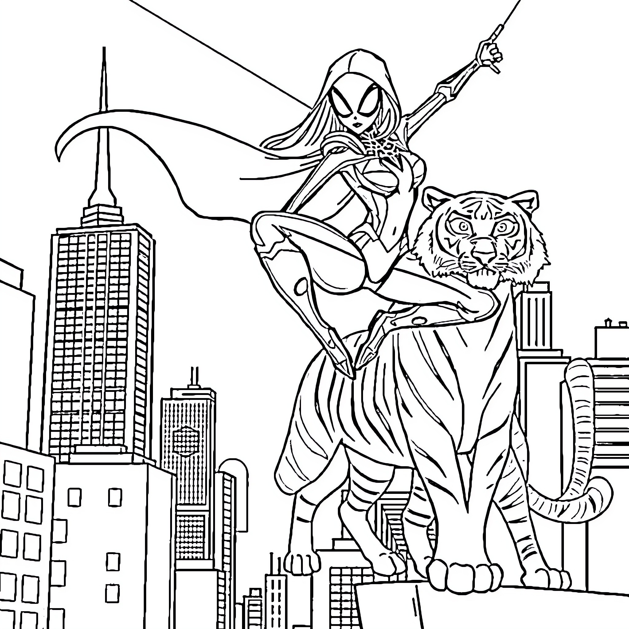 Spider-Girl swinging through the city with her tiger companion Coloring Page (free black-and-white line drawing printable PDF for all, from beginners to advanced learners, including children, teens, adults, and seniors)