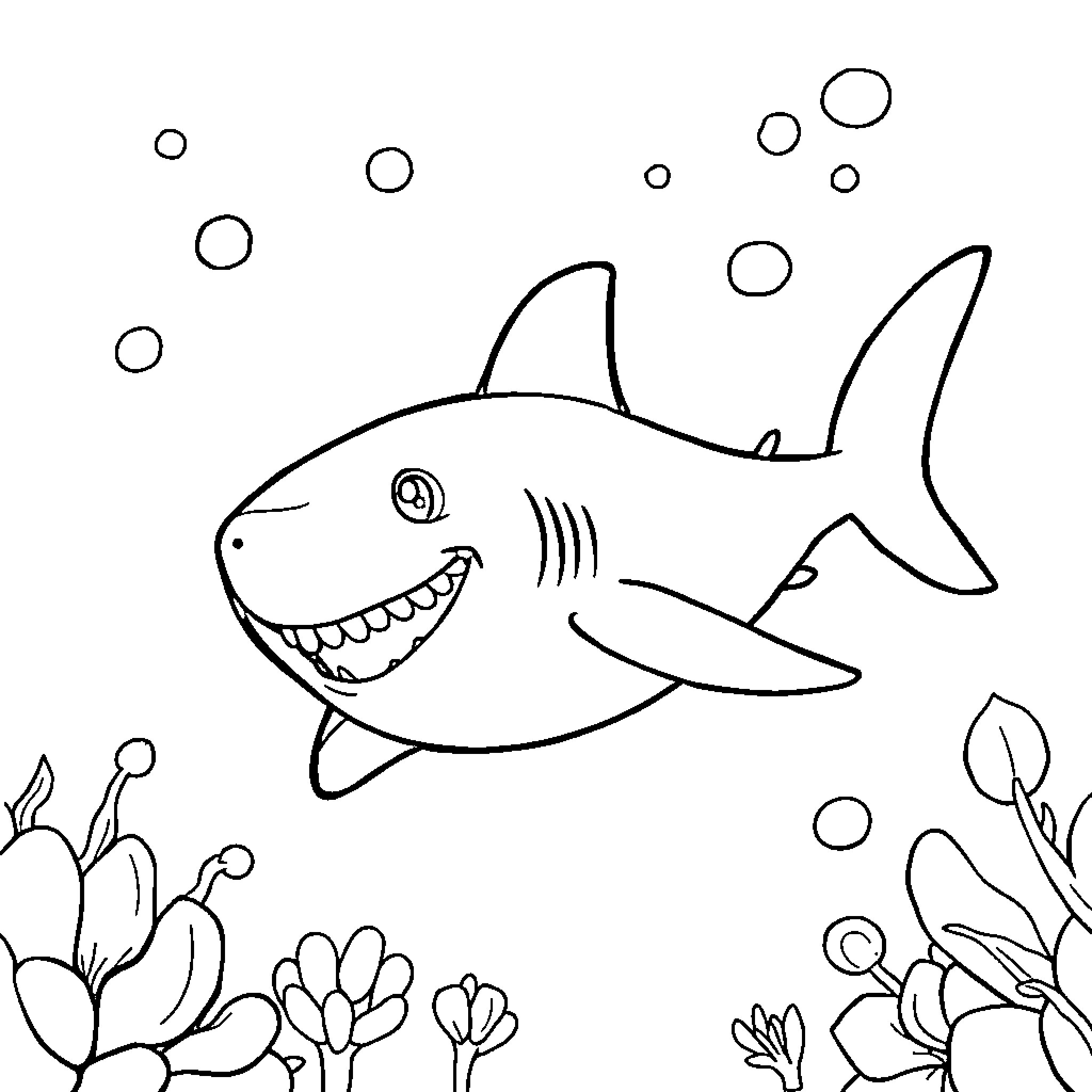 Shark swimming happily in the underwater scene Coloring Page (free black-and-white line drawing printable PDF for all, from beginners to advanced learners, including children, teens, adults, and seniors)