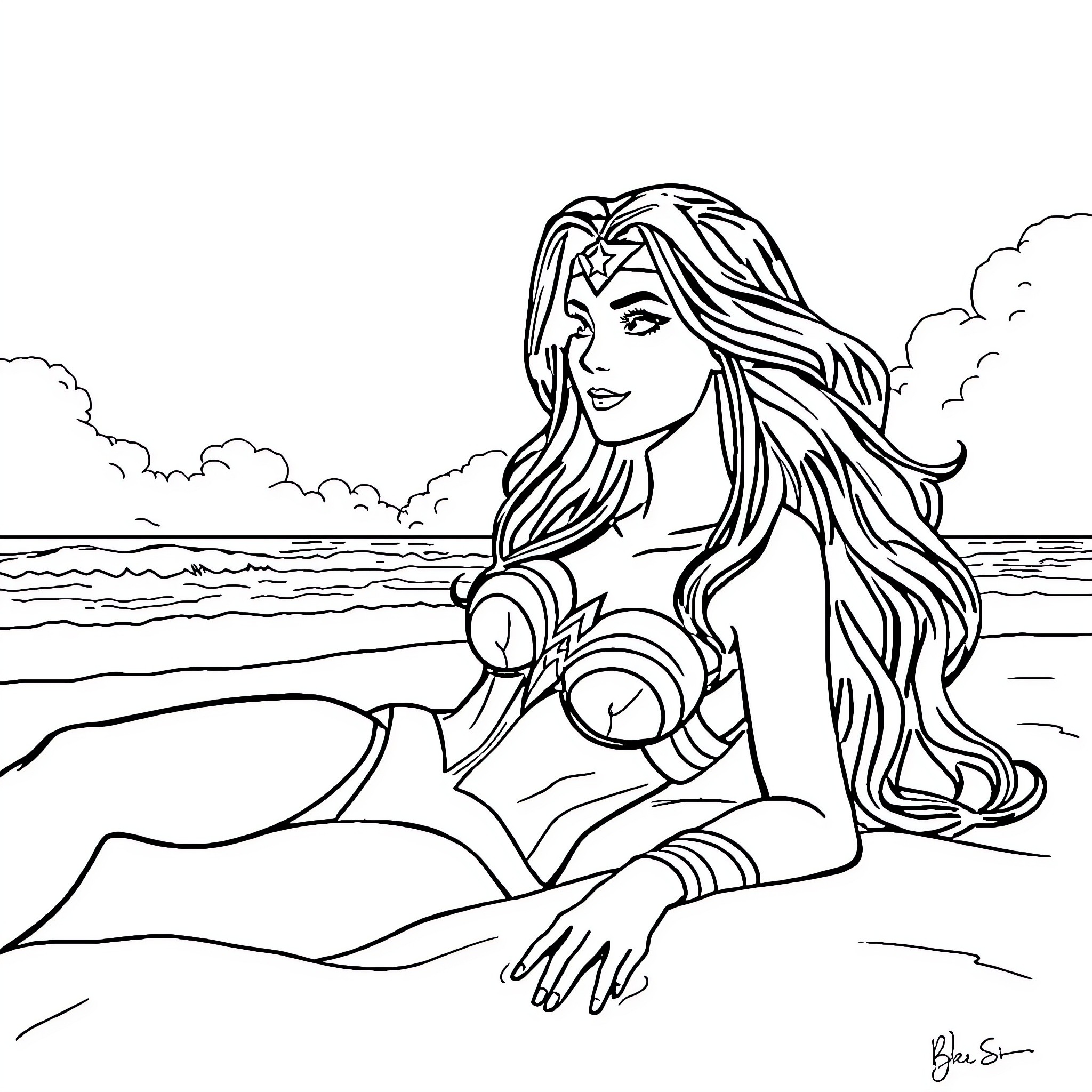 Wonder Woman reclining on the beach Coloring Page (free black-and-white line drawing printable PDF for all, from beginners to advanced learners, including children, teens, adults, and seniors)