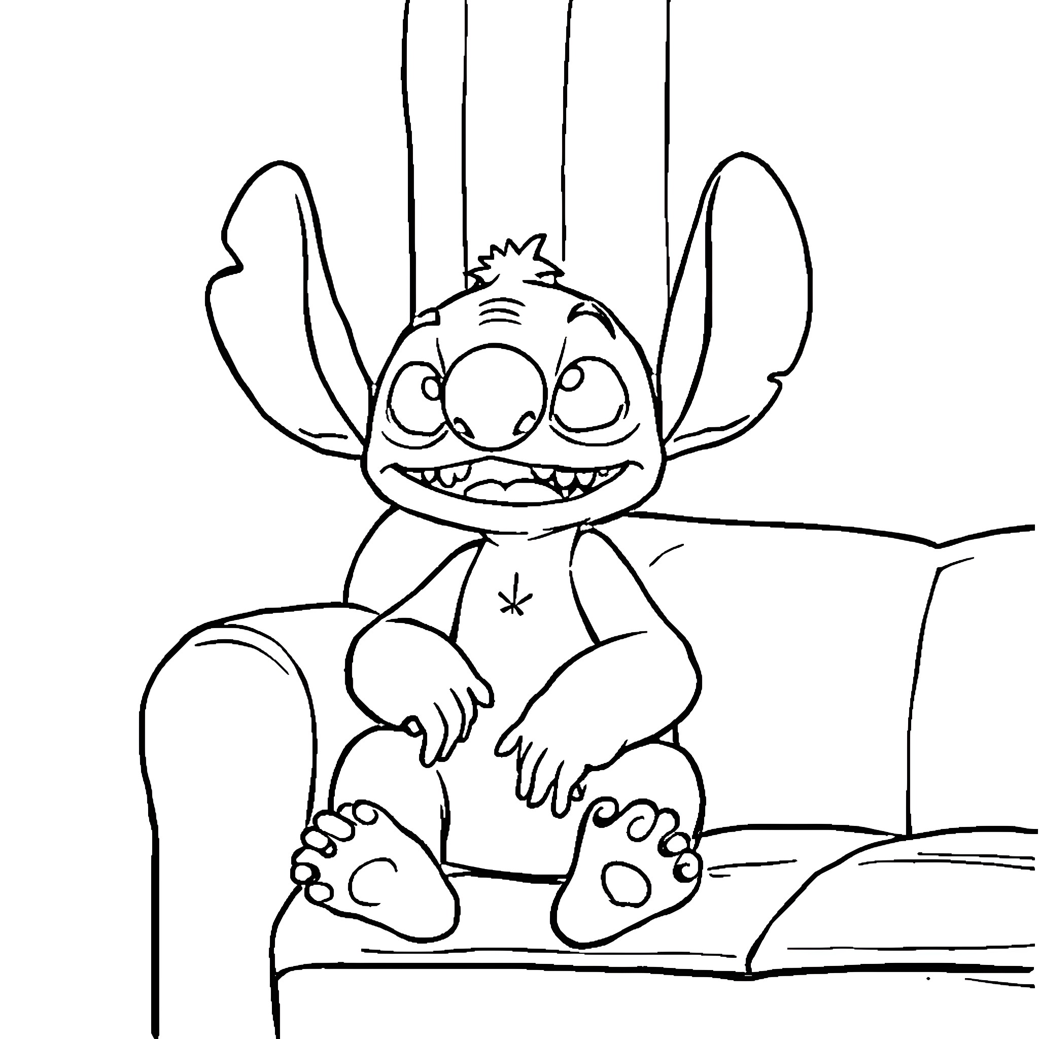 Stitch lounging comfortably on a couch Coloring Page (free black-and-white line drawing printable PDF for all, from beginners to advanced learners, including children, teens, adults, and seniors)