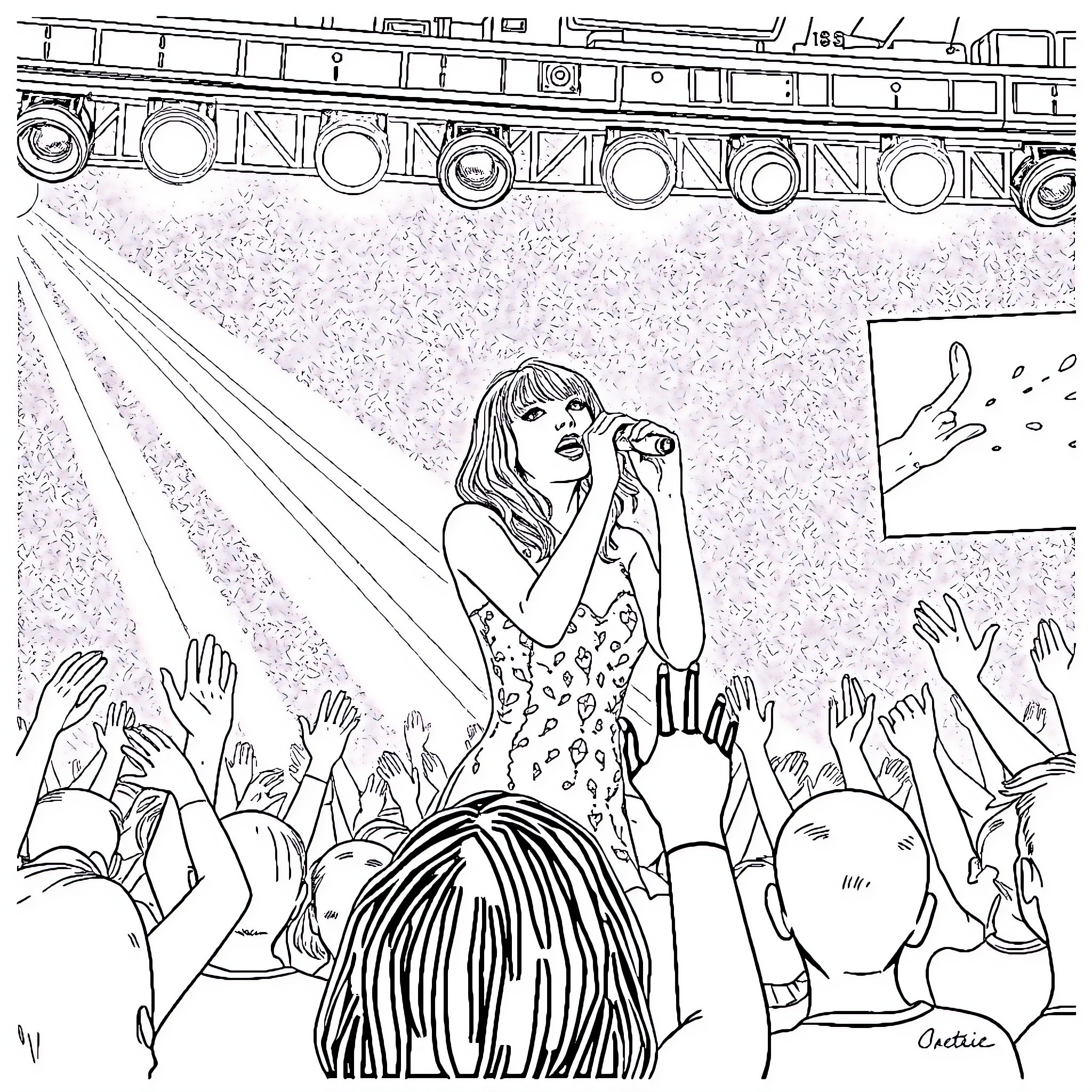 Taylor Swift performing on stage with an enthusiastic crowd Coloring Page (free black-and-white line drawing printable PDF for all, from beginners to advanced learners, including children, teens, adults, and seniors)