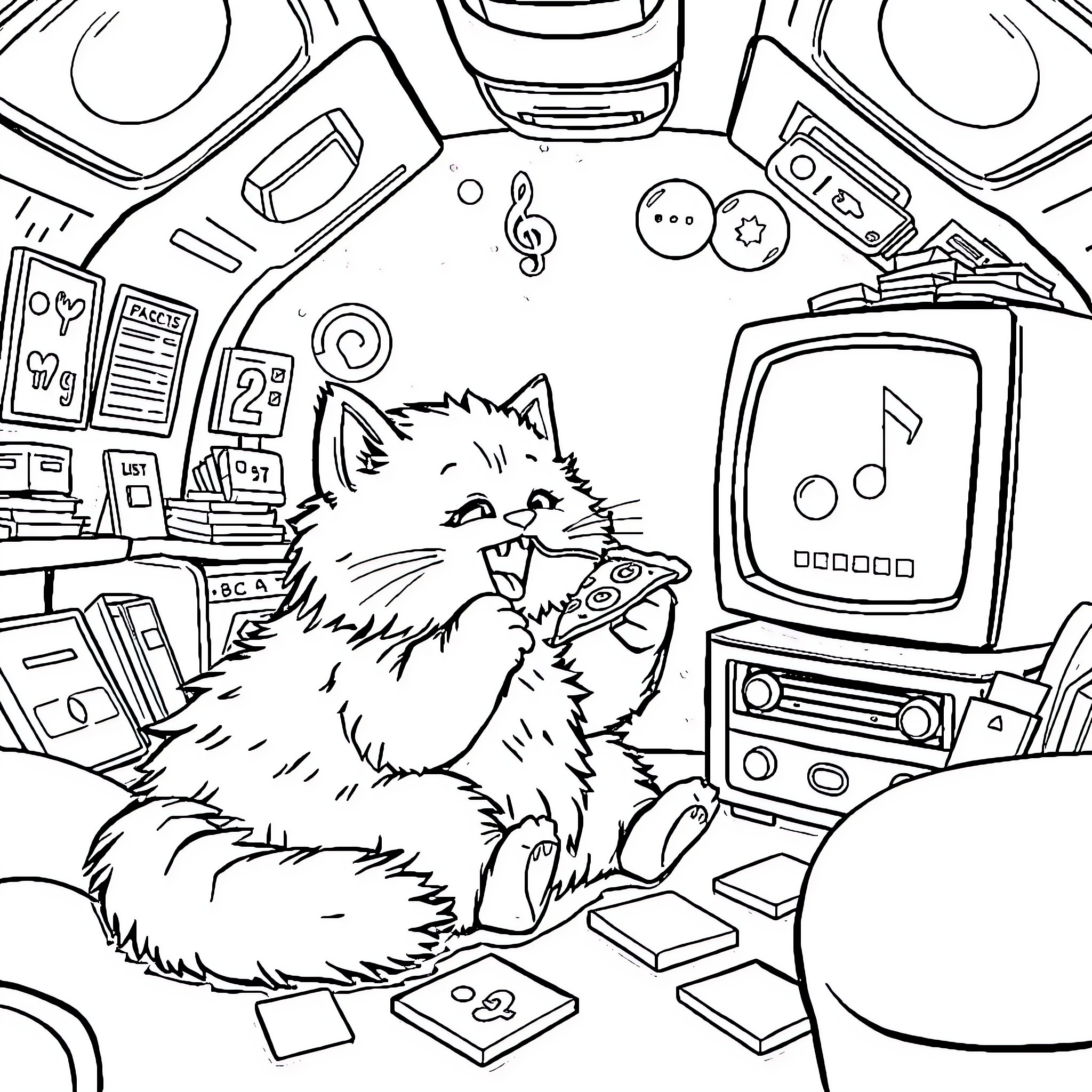 Cat exploring an electronic-filled room Coloring Page (free black-and-white line drawing printable PDF for all, from beginners to advanced learners, including children, teens, adults, and seniors)