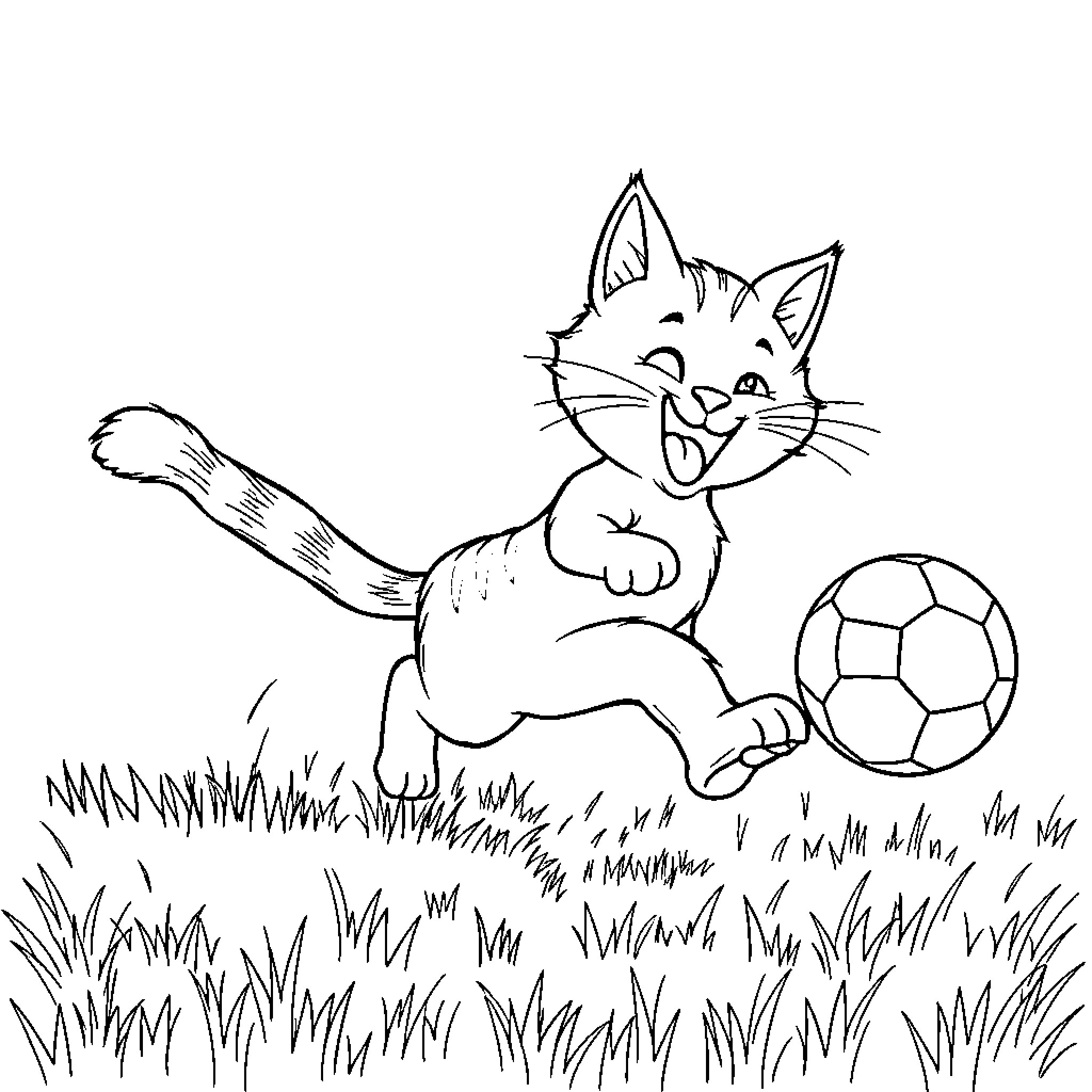 Cat playing joyfully with soccer ball in the grass Coloring Page (free black-and-white line drawing printable PDF for all, from beginners to advanced learners, including children, teens, adults, and seniors)