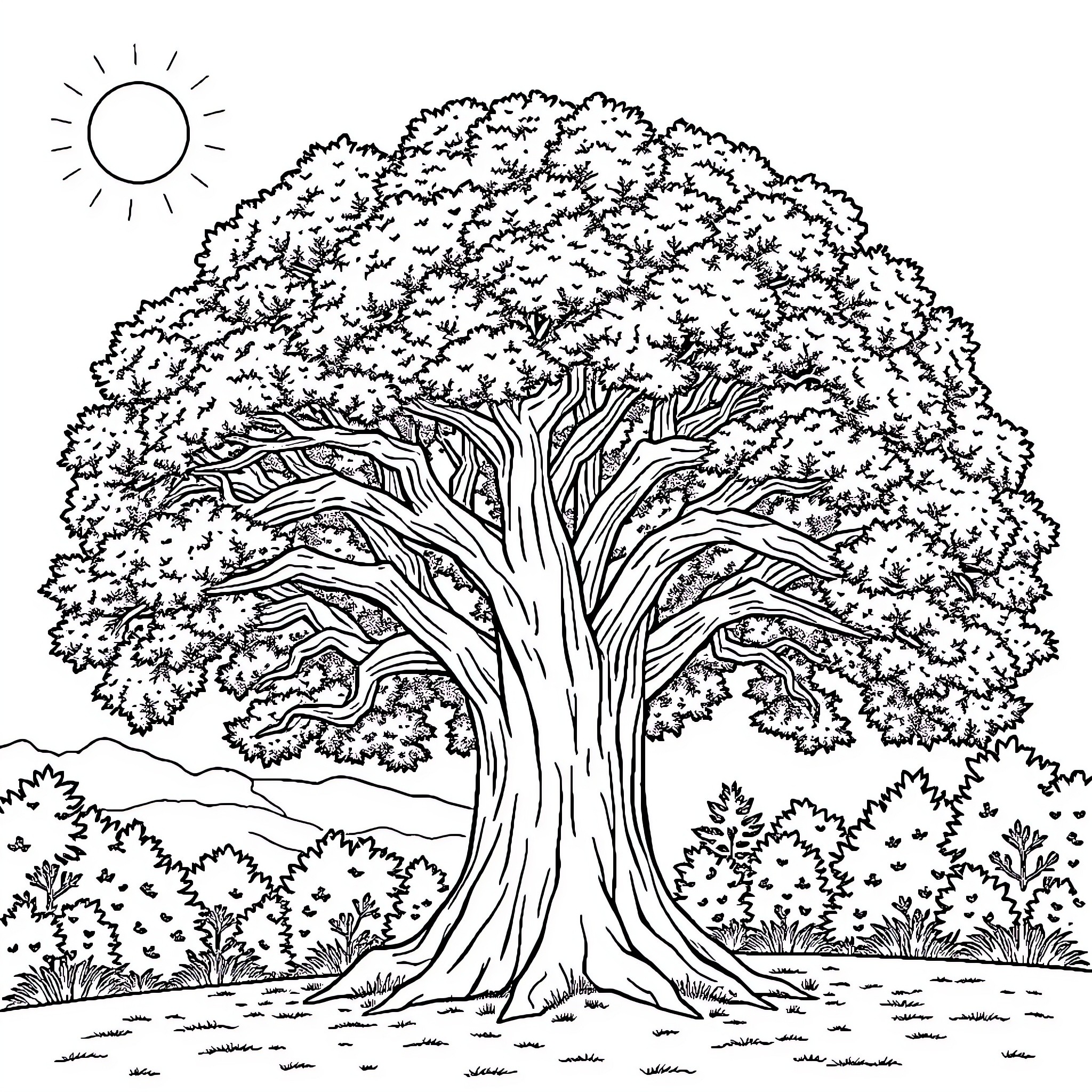Tree standing tall in a lush landscape Coloring Page (free black-and-white line drawing printable PDF for all, from beginners to advanced learners, including children, teens, adults, and seniors)