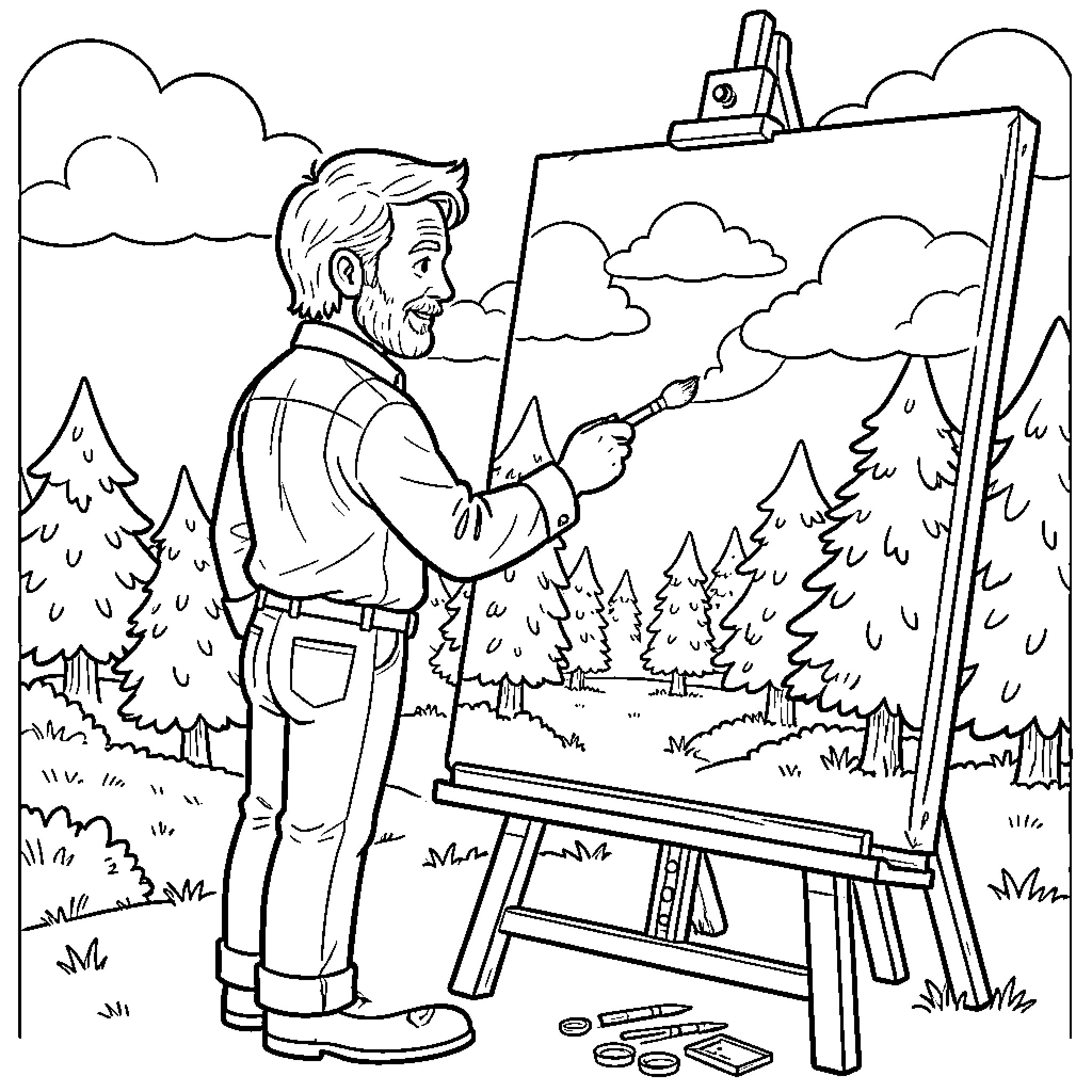 Bob Ross painting a serene landscape in the outdoors Coloring Page (free black-and-white line drawing printable PDF for all, from beginners to advanced learners, including children, teens, adults, and seniors)