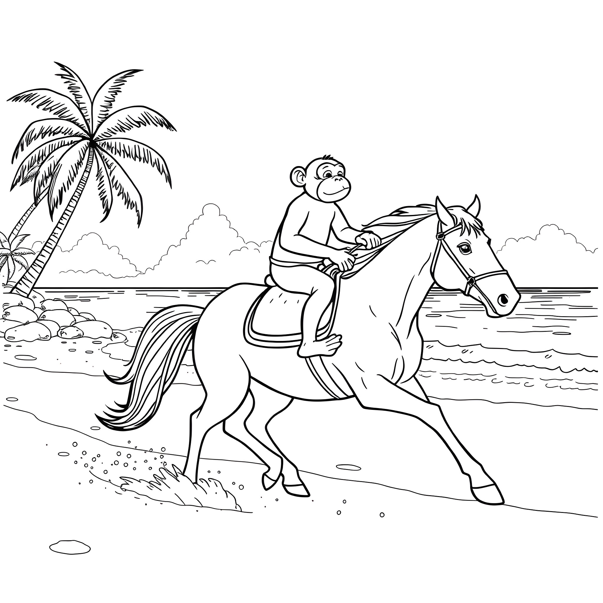 Monkey riding a horse on a tropical beach Coloring Page (free black-and-white line drawing printable PDF for all, from beginners to advanced learners, including children, teens, adults, and seniors)