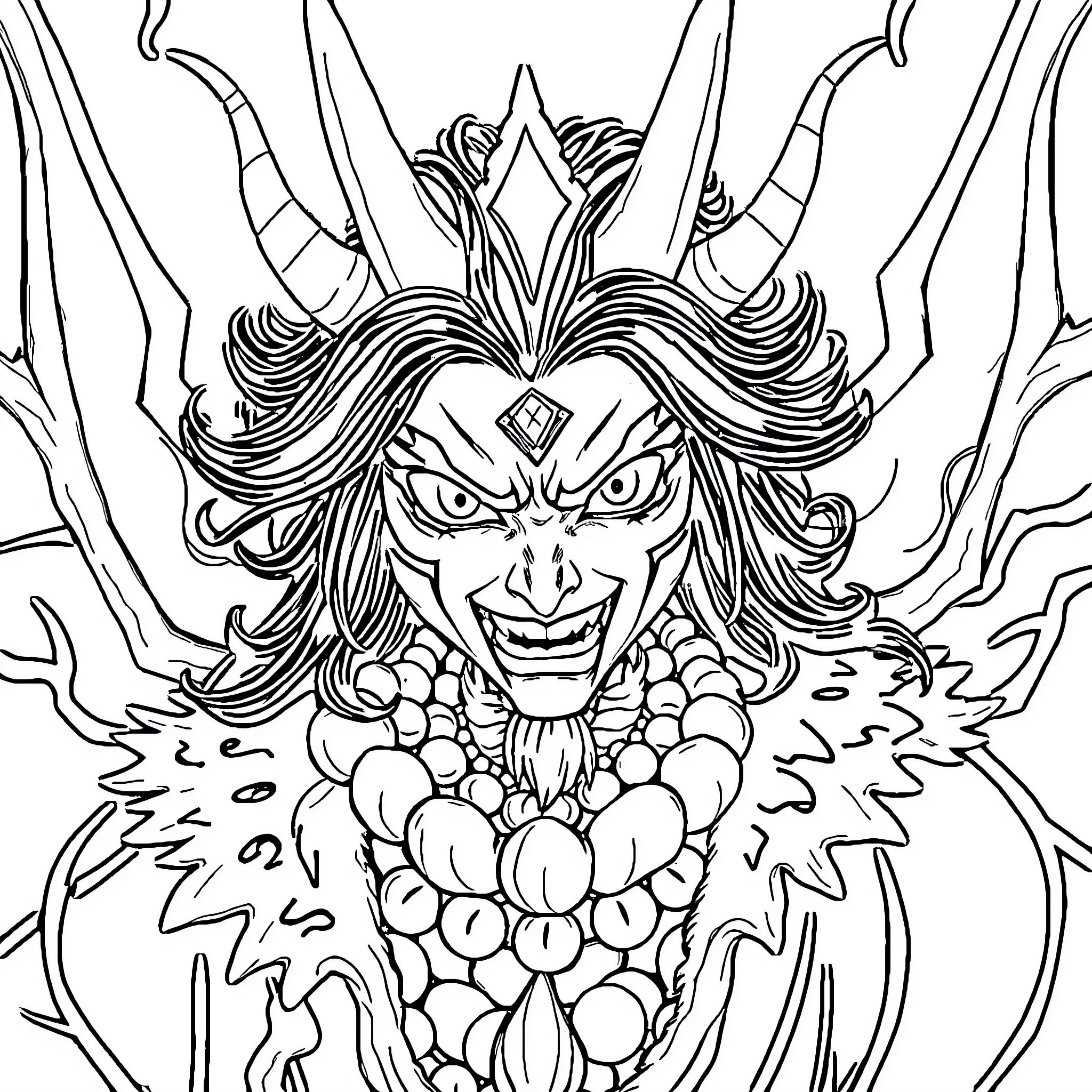 Nezuko's Demonic Transformation Coloring Page (free black-and-white line drawing printable PDF for all, from beginners to advanced learners, including children, teens, adults, and seniors)