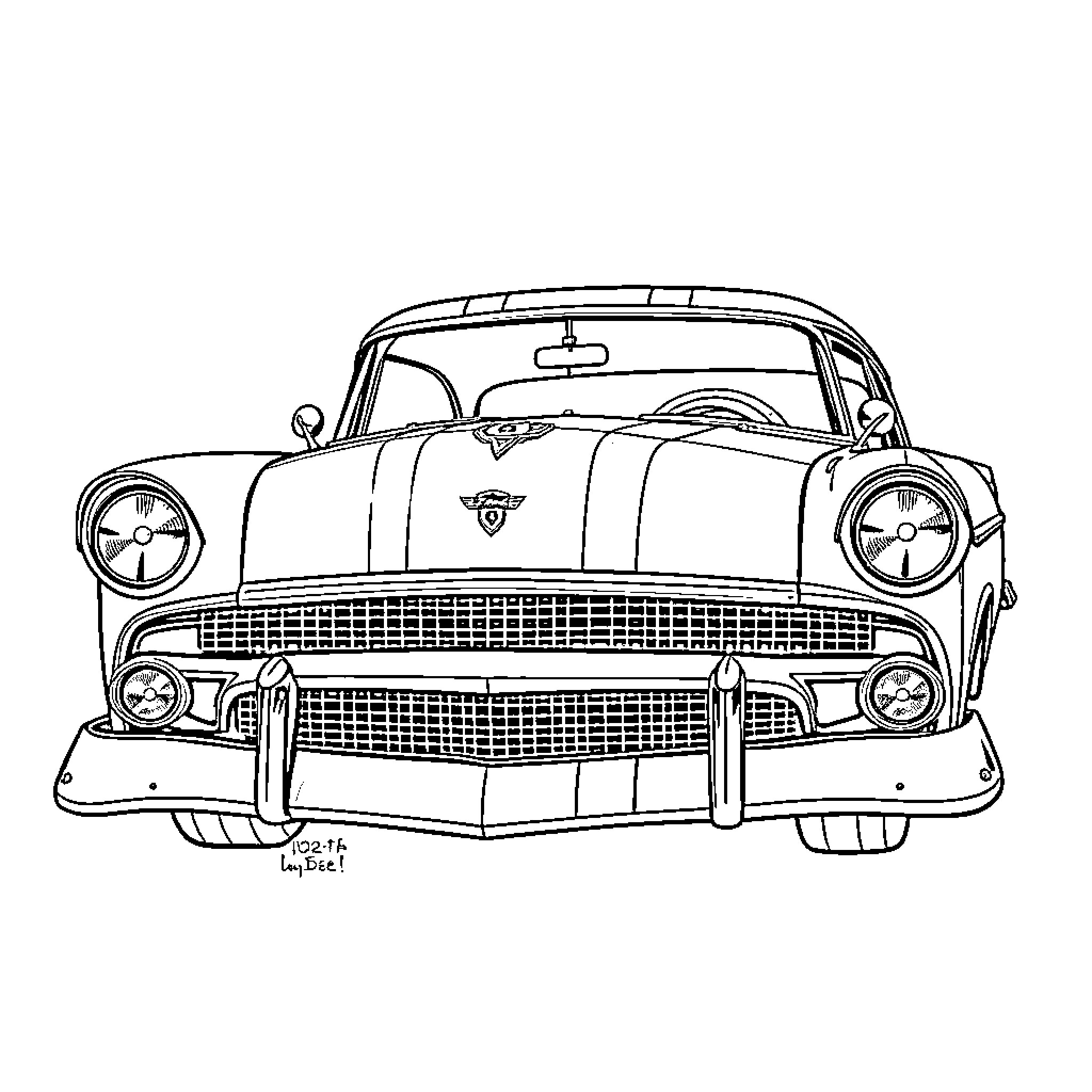 Ford classic car in detailed outline Coloring Page (free black-and-white line drawing printable PDF for all, from beginners to advanced learners, including children, teens, adults, and seniors)