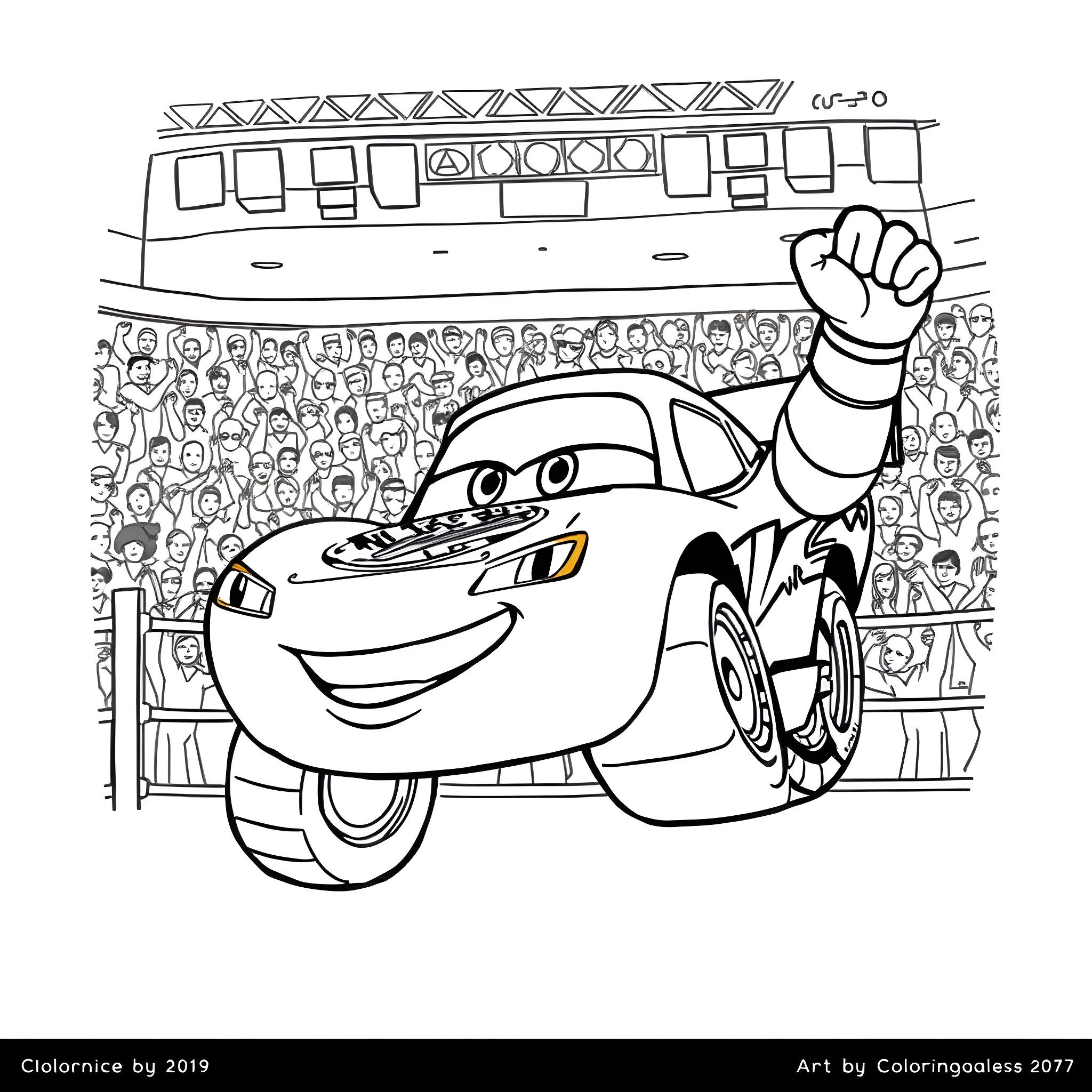 Lightning McQueen Celebrates Victory in Racing Stadium Coloring Page (free black-and-white line drawing printable PDF for all, from beginners to advanced learners, including children, teens, adults, and seniors)